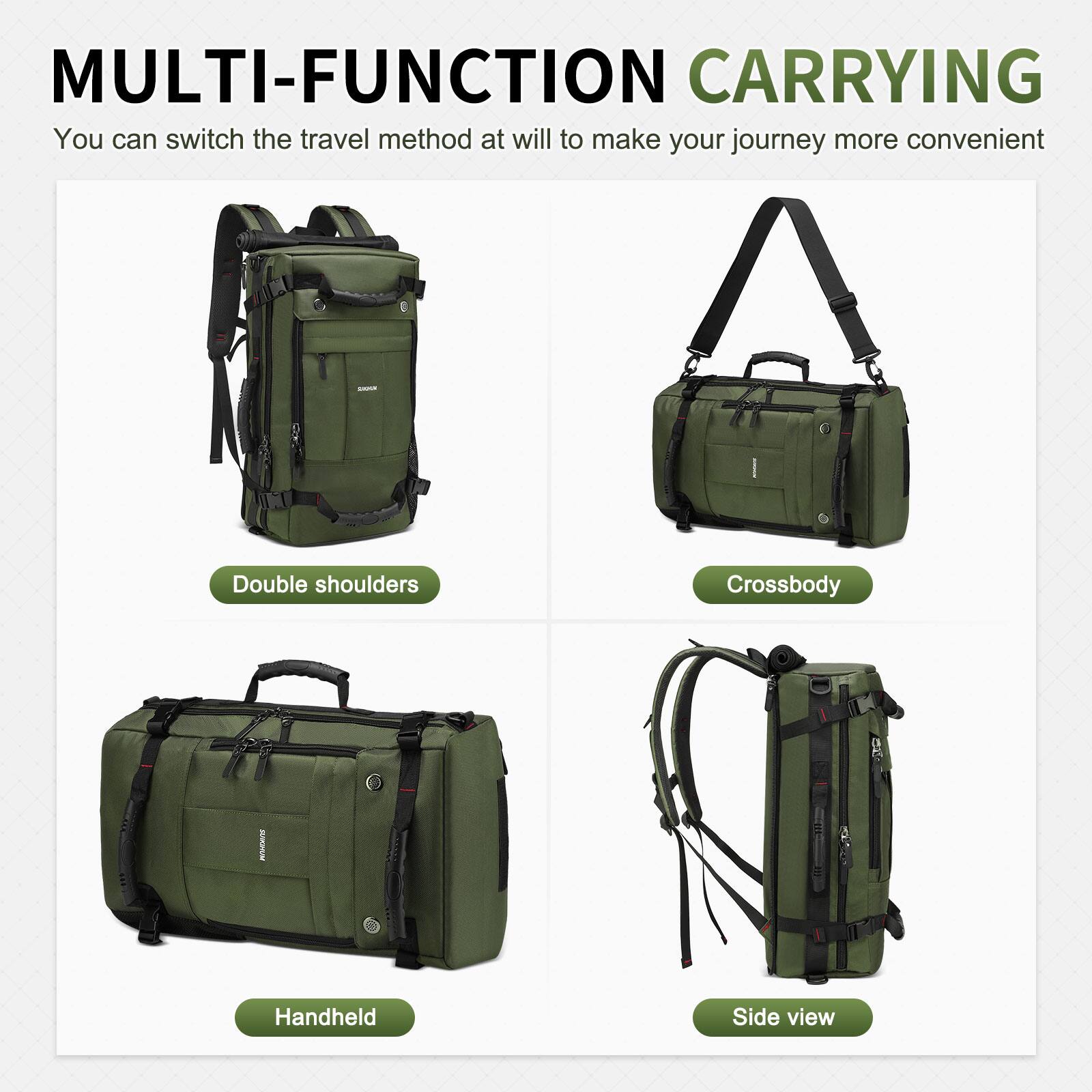 MULTI-FUNCTION CARRYING  
You can switch the travel method at will to make your journey more convenient:  
- Double shoulders  
- Crossbody  
- Handheld  
- Side view