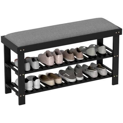 Front. Homcom - Bamboo Shoe Bench, 3-Tier Entryway Bench with Storage and Cushion, Shoe Organizer for Entryway, Hallway - Black.