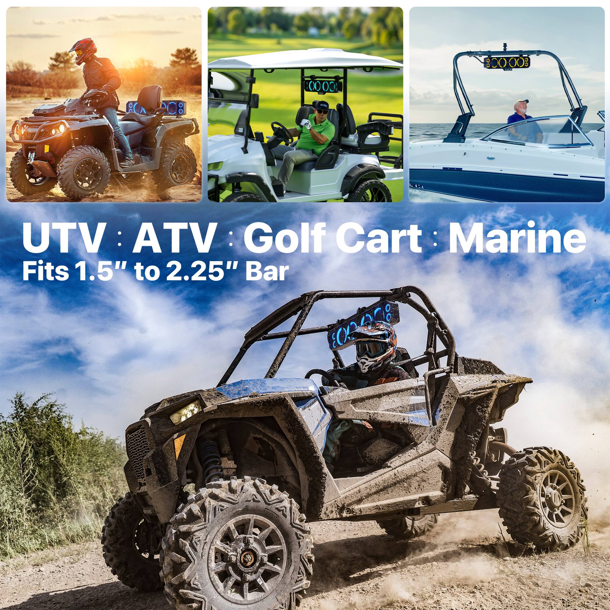 UTV : ATV : Golf Cart : Marine  
Fits 1.5" to 2.25" Bar