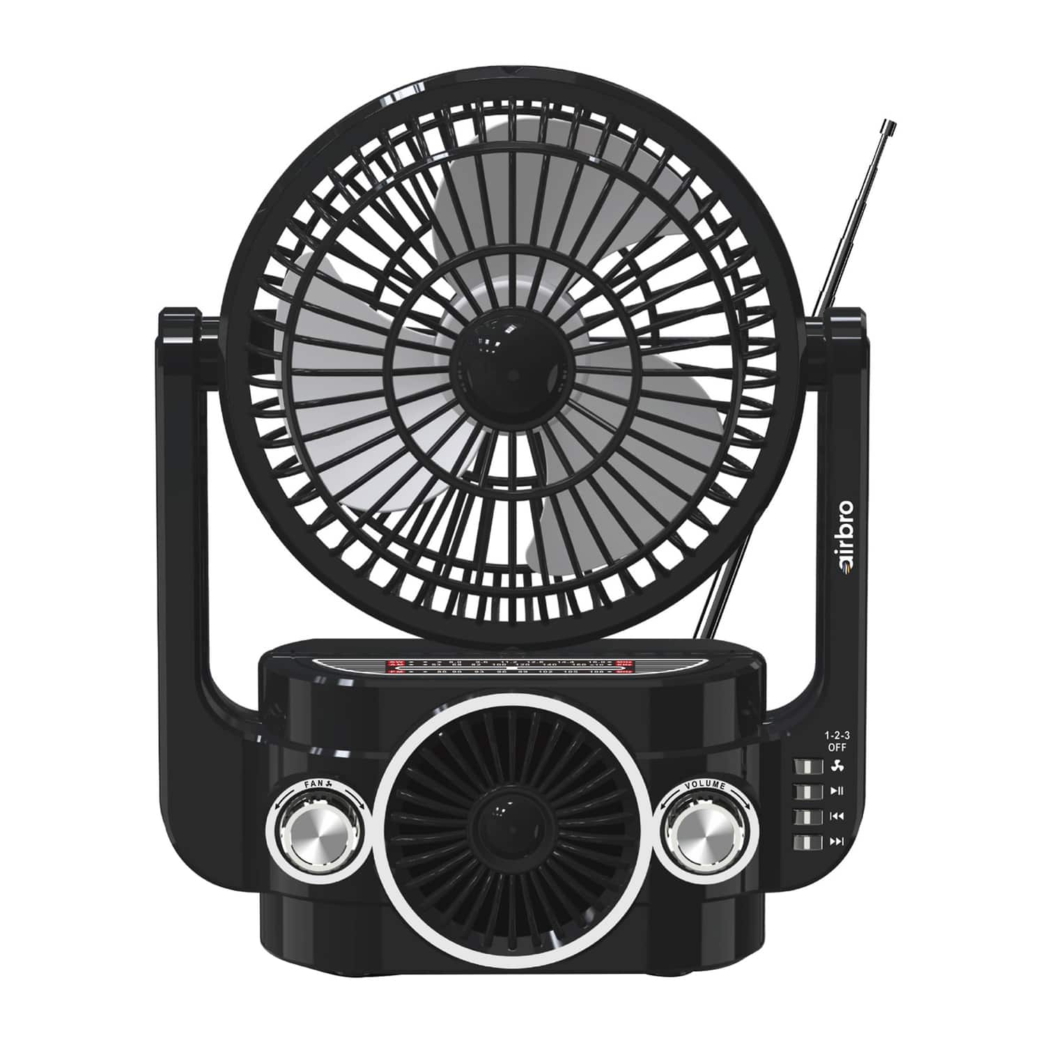 Airbro - RXF-20 Rechargeable Portable Fan, Bluetooth Speaker, 3-Band Radio - Black