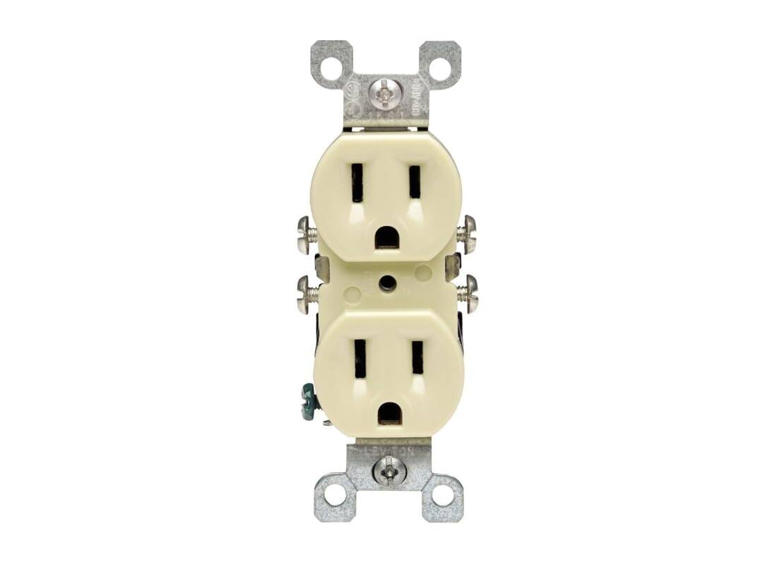 Front. Leviton - 15 Amp 125 Volt Co/Alr Duplex Receptacle, Straight Blade, Residential Grade, Grounding, 12650-I - Ivory.