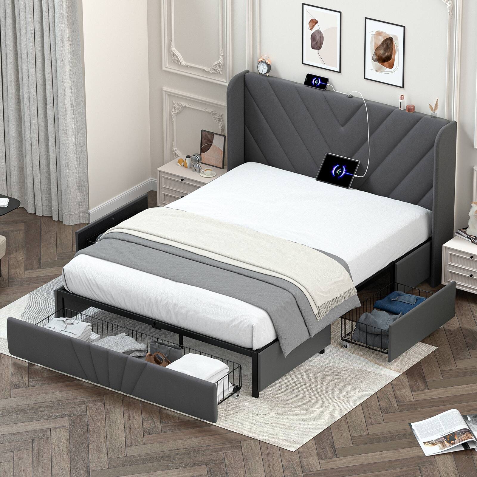 Angle. CloudRest Pro - Queen Upholstered Platform Bed Frame with USB,Type-C Ports,Side Drawers and Oversize Footboard Storage,Dark Grey - Dark Grey.