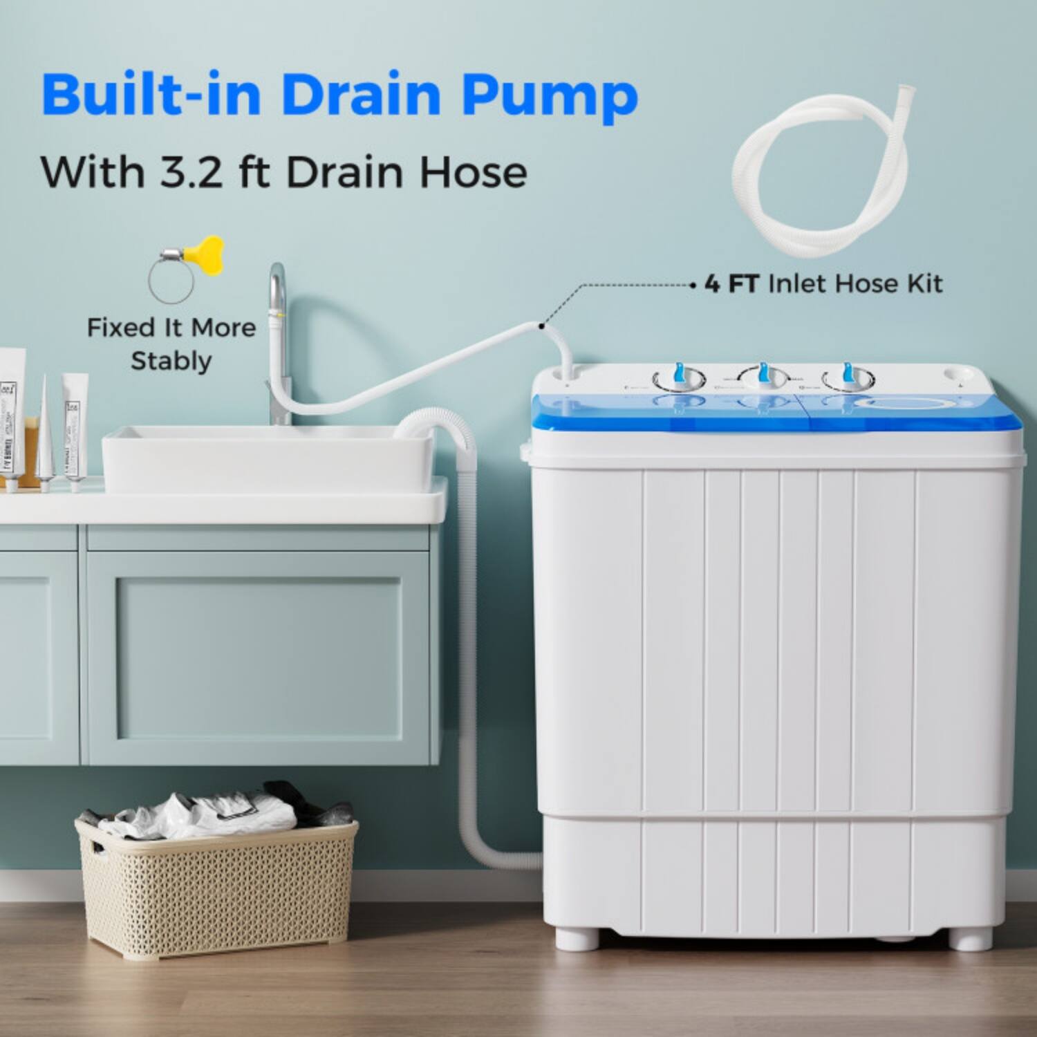 Built-in Drain Pump  
With 3.2 ft Drain Hose  
4 FT Inlet Hose Kit  
Fixed It More Stably