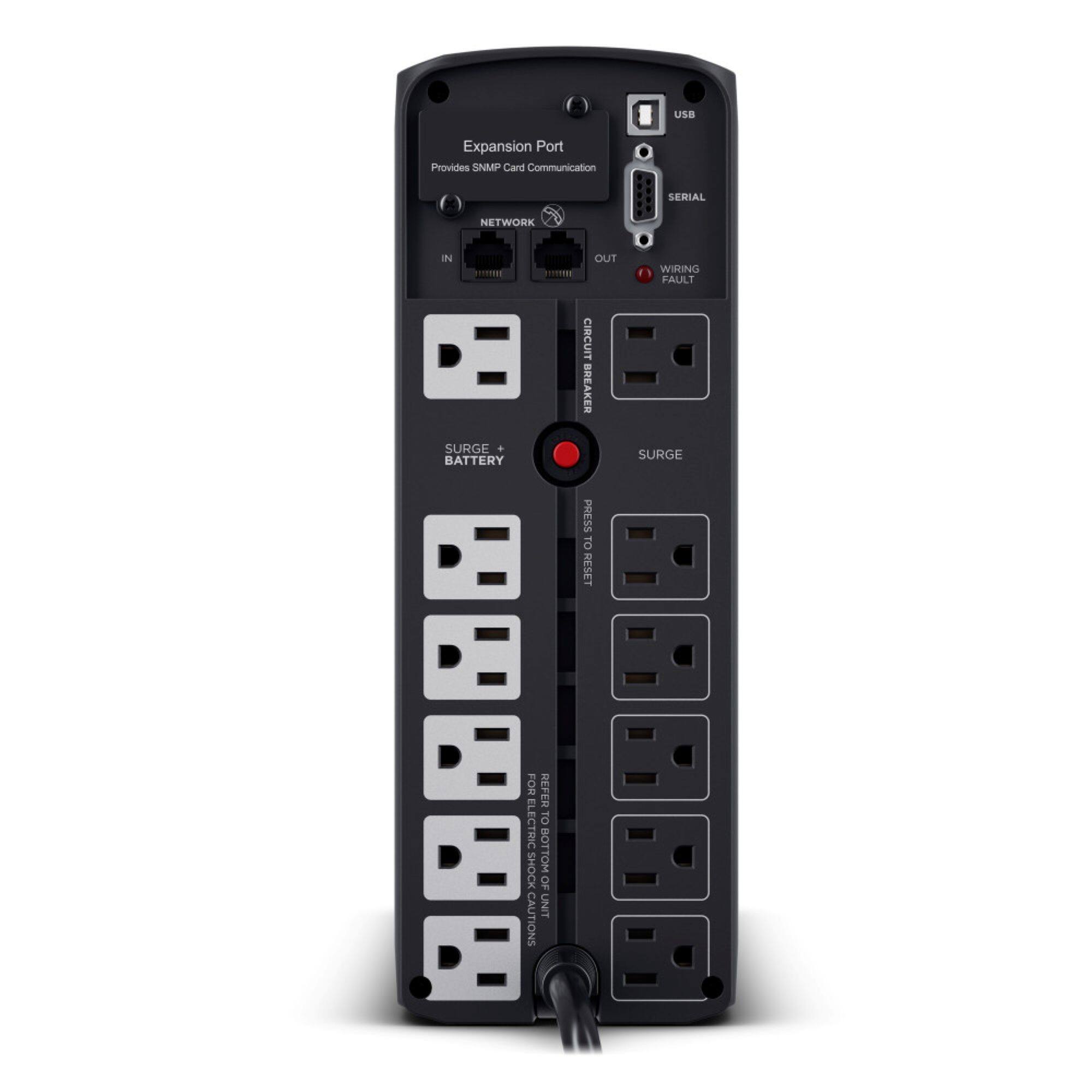 USB Expansion Port Provides SNMP Card Communication  
NETWORK IN  
SERIAL IN  
SURGE + BATTERY  
CIRCUIT BREAKER  
WIRING FAULT  
SURGE  
PRESS TO RESET  
FOR ELECTRIC SHOCK CAUTIONS  
BOTTOM REFER UNIT TO