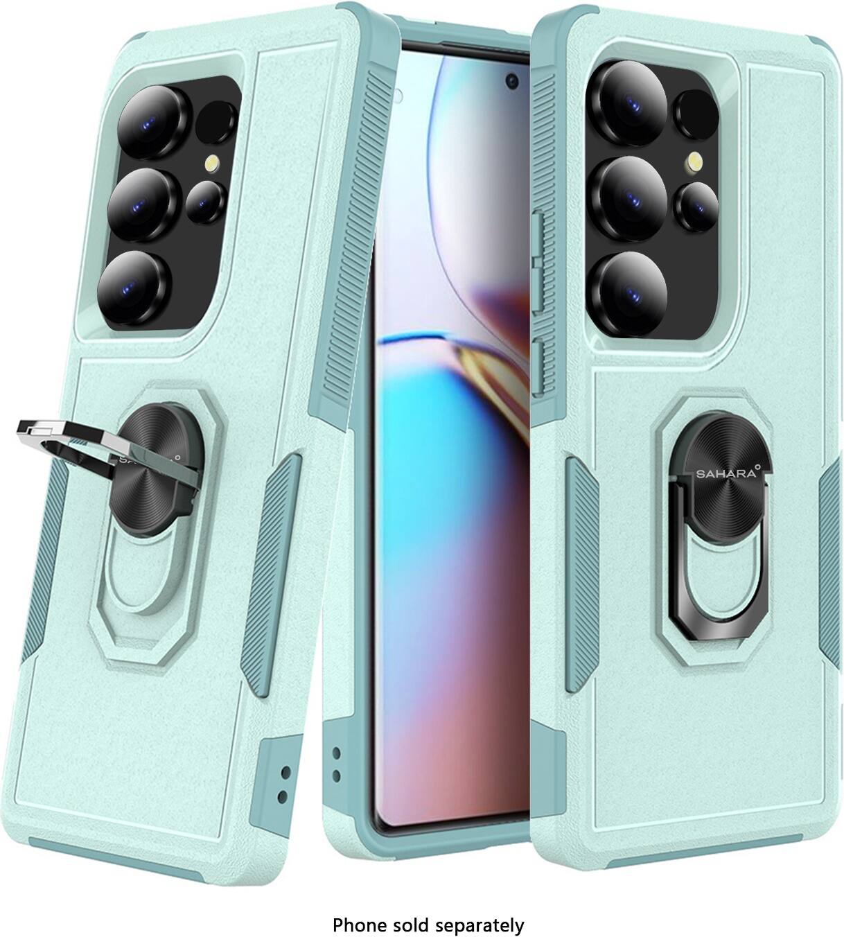 The image shows a phone case with a phone inside it. The phone case is blue and has a flip-style design. The phone is placed in the case, which is open to reveal the device. The case is designed to protect the phone and keep it secure. The phone is not sold separately; it is only available when purchased with the phone case.
