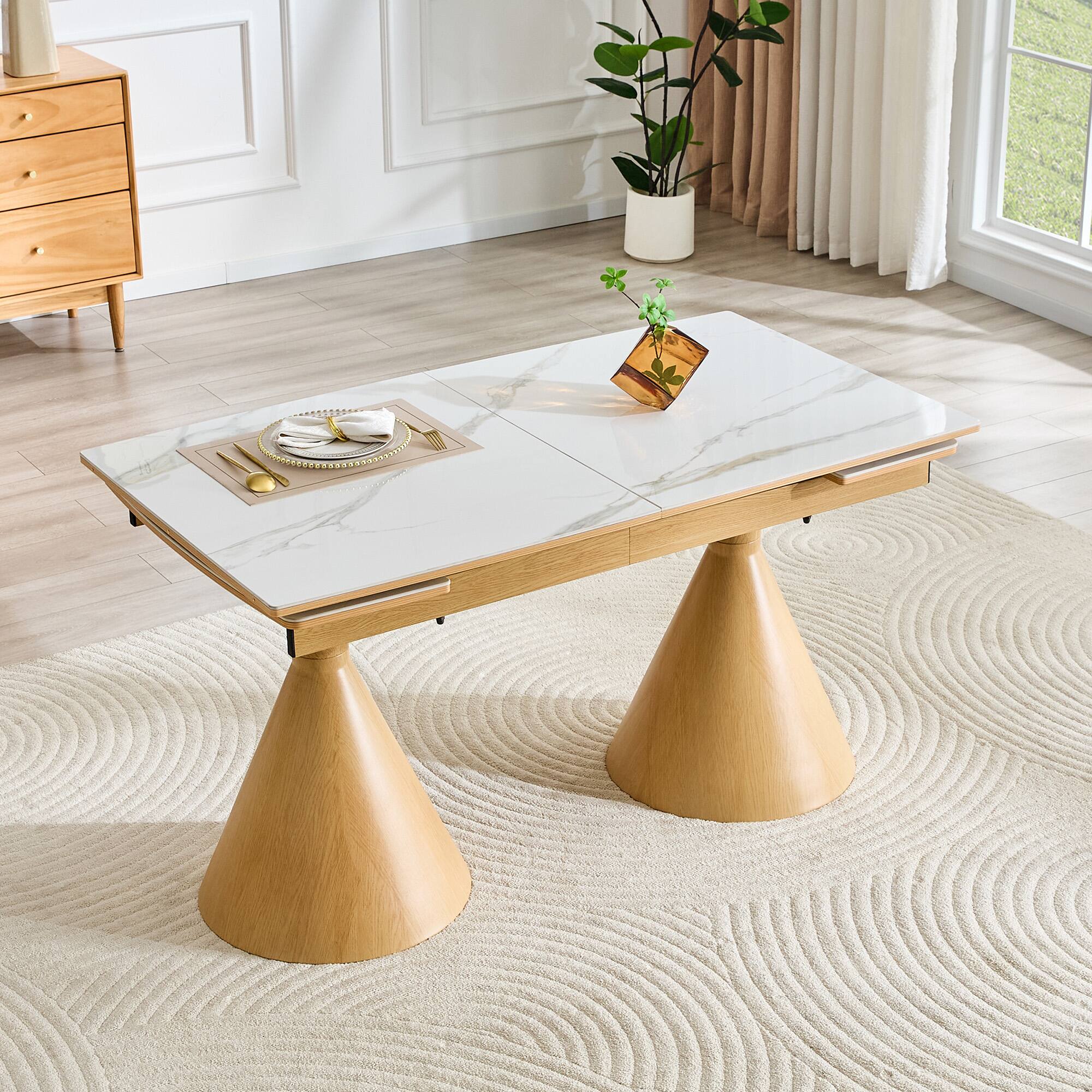 Angle. Loheer - Loheer Extendable Dining Table, White Marble Effect Sintered Stone Top, Modern Rectangle for 4 to 8 People - White and wood.