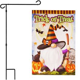 G128 - Combo Pack: 36 x 16 in Garden Flag Stand & 12 x 18 in Double-Sided Halloween Witch Hat Gnome Flag - Assorted Colors