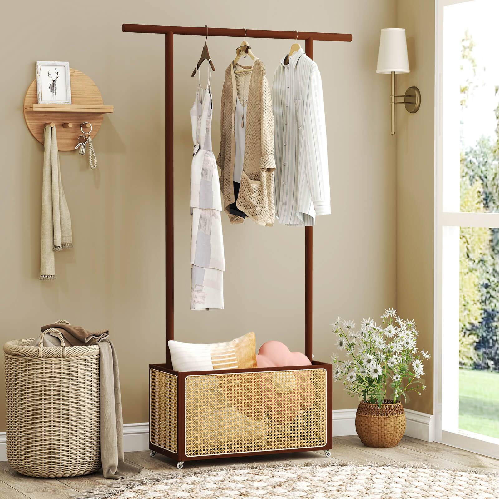Alt View 5. Costway - Costway Bamboo Clothes Rack with Rattan Storage Basket & Wheels, Rolling Garment Rack - Brown.