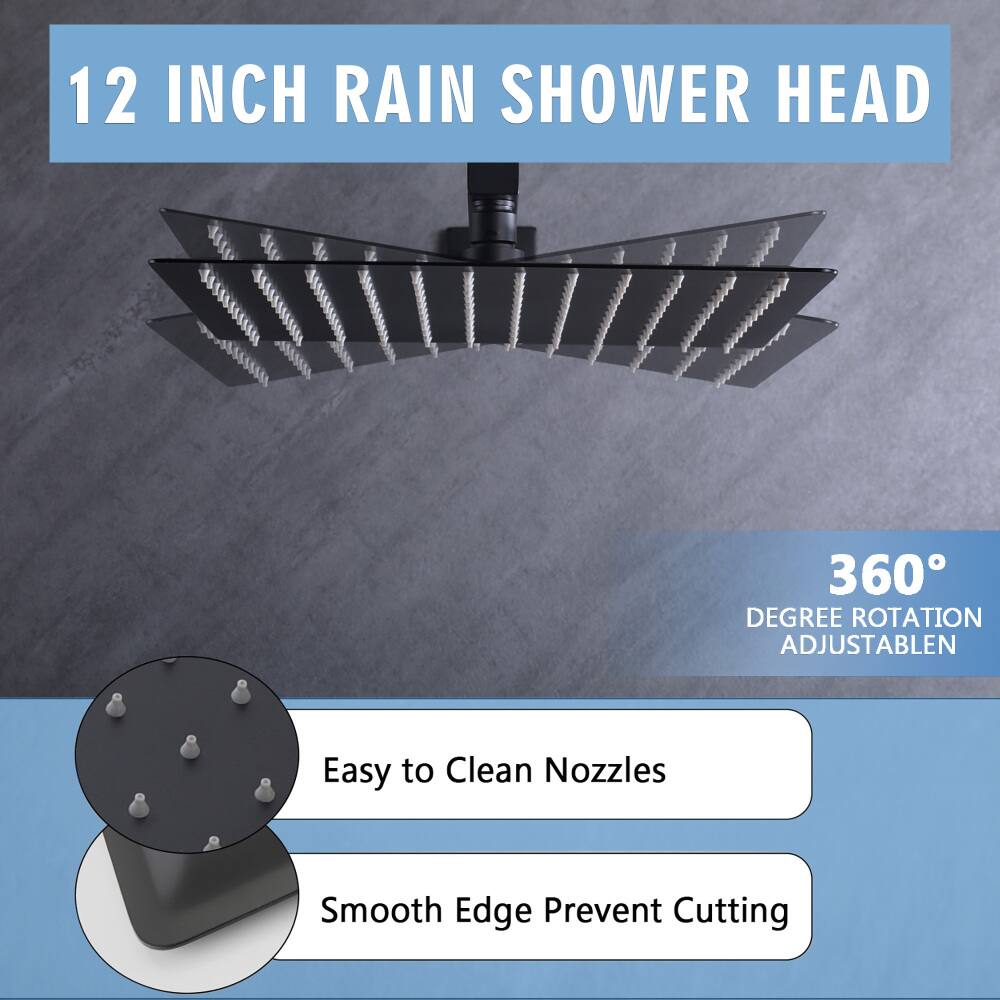 12 INCH RAIN SHOWER HEAD

360° DEGREE ROTATION ADJUSTABLE

Easy to Clean Nozzles

Smooth Edge Prevent Cutting