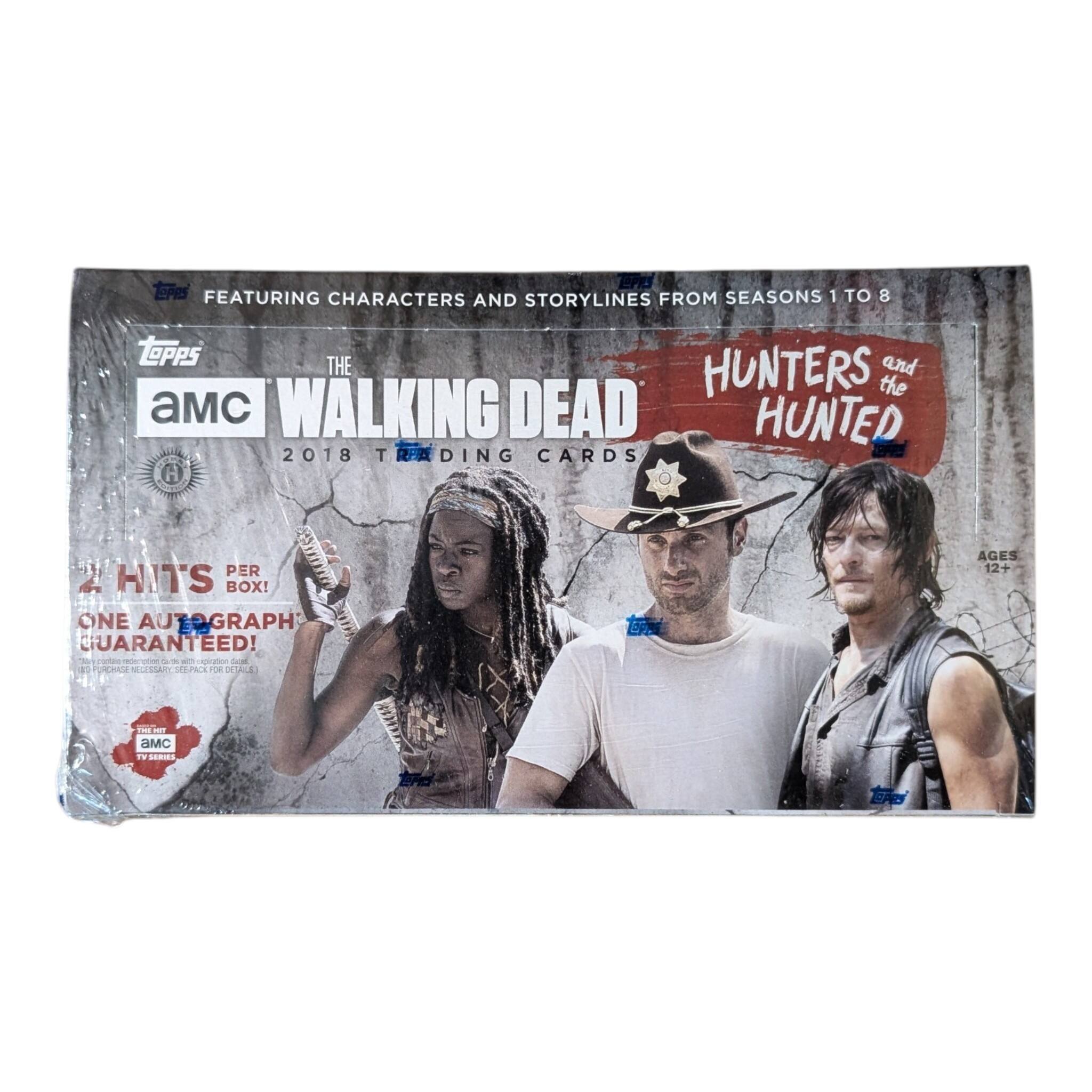PPS featuring characters from seasons 1 to 8 and storylines from The Walking Dead: Hunters and the Hunted. 2018 Trading Cards. 2 hits per box! One autograph guaranteed! Ages 12+. AMC TV series.