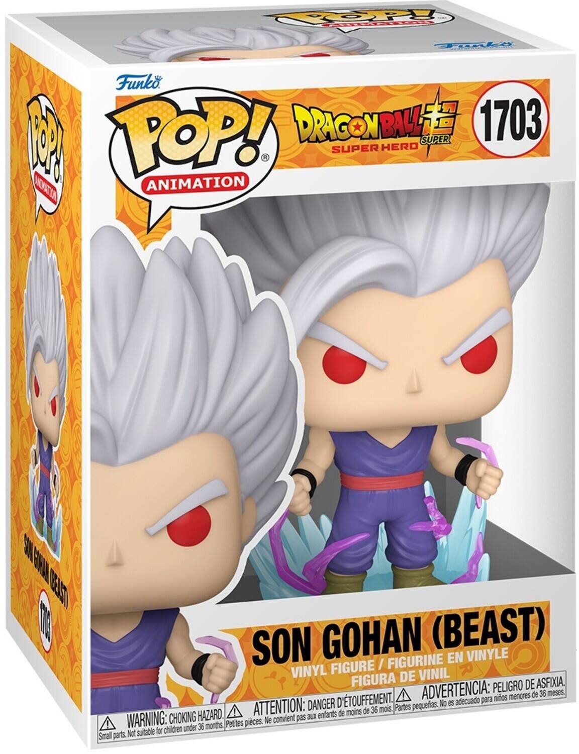 The text on the image is:

"FOOPY Funl MS Funko DRAGONBALLE [ 1703 A POP! ANIMATION . SUPER HERO SUPER AOATTON S0 SRN EUST 0 SON GOHAN (BEAST) FIGURINE EN VINYLE FIGURE / VINYL DE VINIL FIGURA PELIGRO DE ASFIXIA. TOUFFEMENT. ADVERTENCIA: para nios menores de 36 meses. DANGER D pequeas. No eS adecuado HAZARD. ATTENTION: aux enfants de moins de 36 mois, Partes WARNING: CHOKING Petites pieces. Ne convient pas for children under 36 months Smal parts. Not sutable"

Corrected and grouped text:

"Funko POP! Animation Dragon Ball Super Hero 1703 Son Gohan (Beast) Vinyl Figure / Figurine en Vinyle / Figura de Vinil. Warning: Choking Hazard. Small parts. Not suitable for children under 36 months. Peligro de asfixia. Advertencia: para niños menores de 36 meses. Danger: petites pièces. Ne convient pas aux enfants de moins de 36 mois."