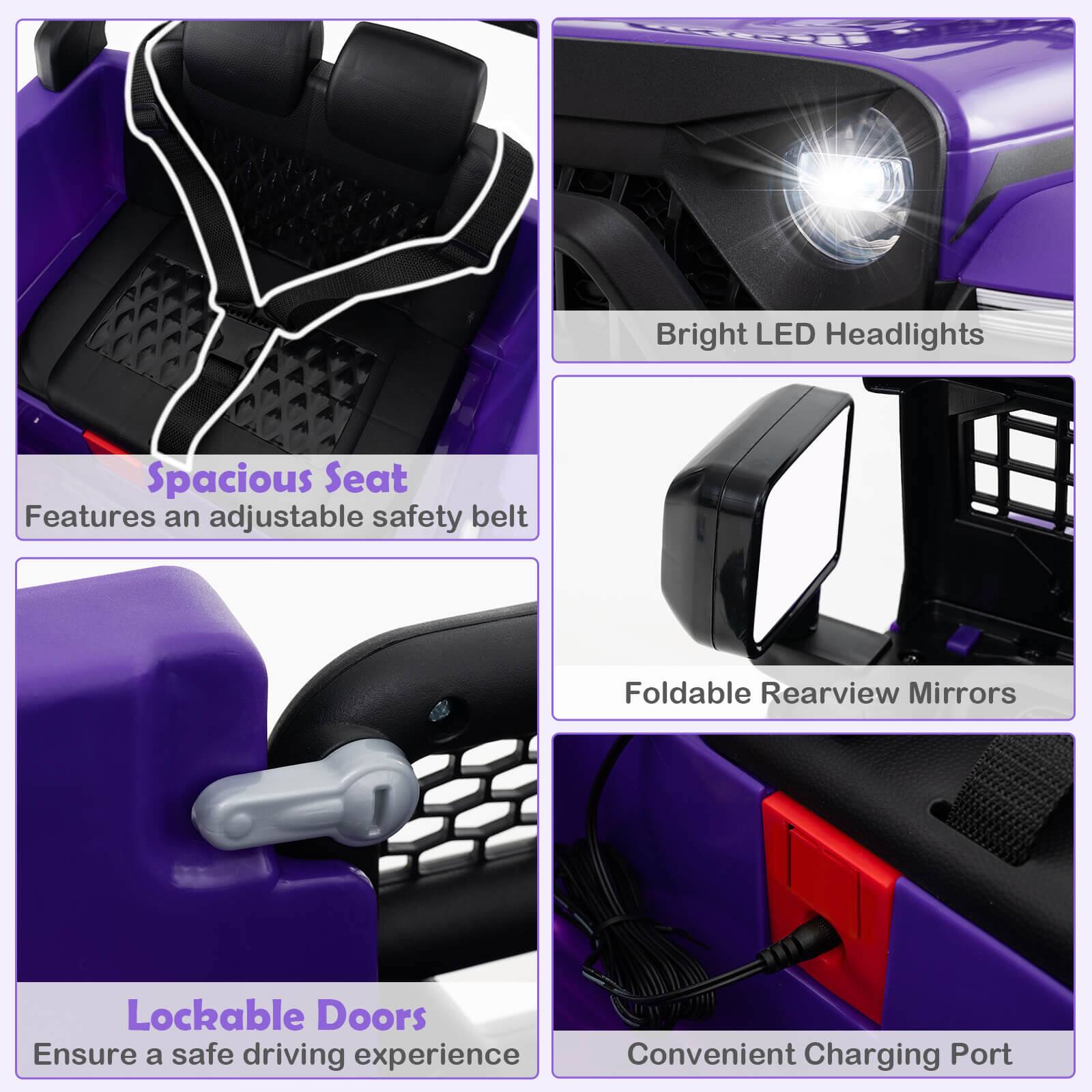 - Spacious Seat  
  Features an adjustable safety belt

- Bright LED Headlights

- Foldable Rearview Mirrors

- Lockable Doors  
  Ensure a safe driving experience

- Convenient Charging Port