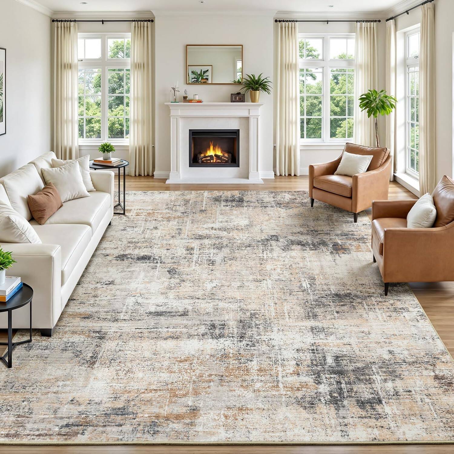 Front. Homhougo - Lofus 8x10 Area Rug for Living Room, Abstract Large Rug with Non Slip Backing, Washable Modern Indoor Carpet - Grey/Gold.