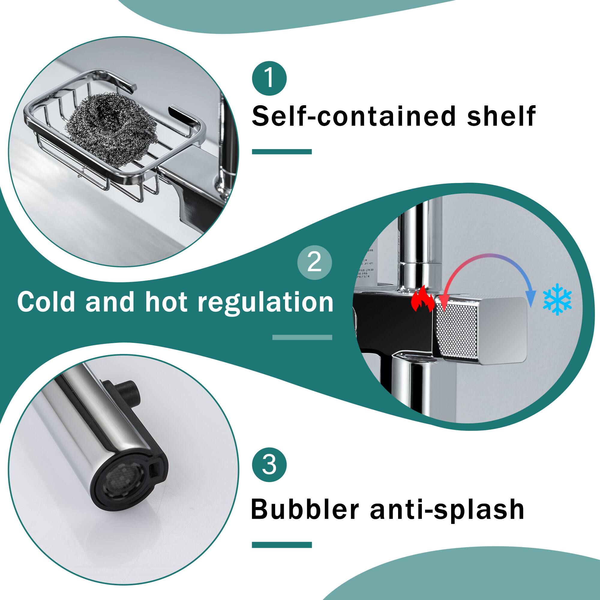1. Self-contained shelf  
2. Cold and hot regulation  
3. Bubbler anti-splash
