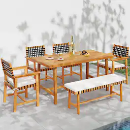 Costway - 6PCS Patio Dining Set, Acacia Wood Table & Bench & 4 Armchairs with Umbrella Hole - Natural,Off White