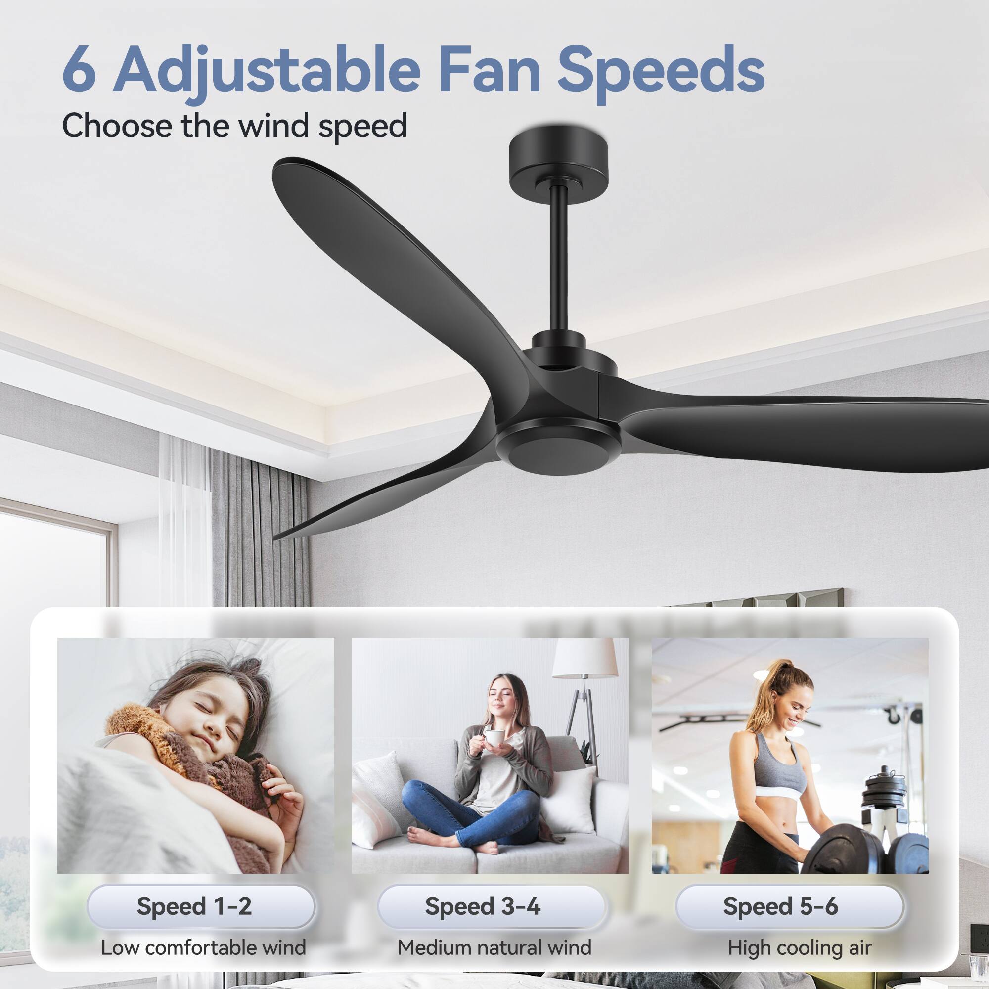 6 Adjustable Fan Speeds

Choose the wind speed

Speed 1-2 Low comfortable wind

Speed 3-4 Medium natural wind

Speed 5-6 High cooling air