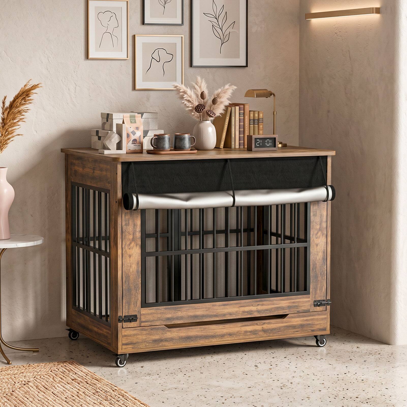 Angle. Anysun - 42" Wooden Dog Crate Furniture, Double Door Indoor Kennel, Decorative Pet Cage End Table w/ Wheels, for Large Dogs.