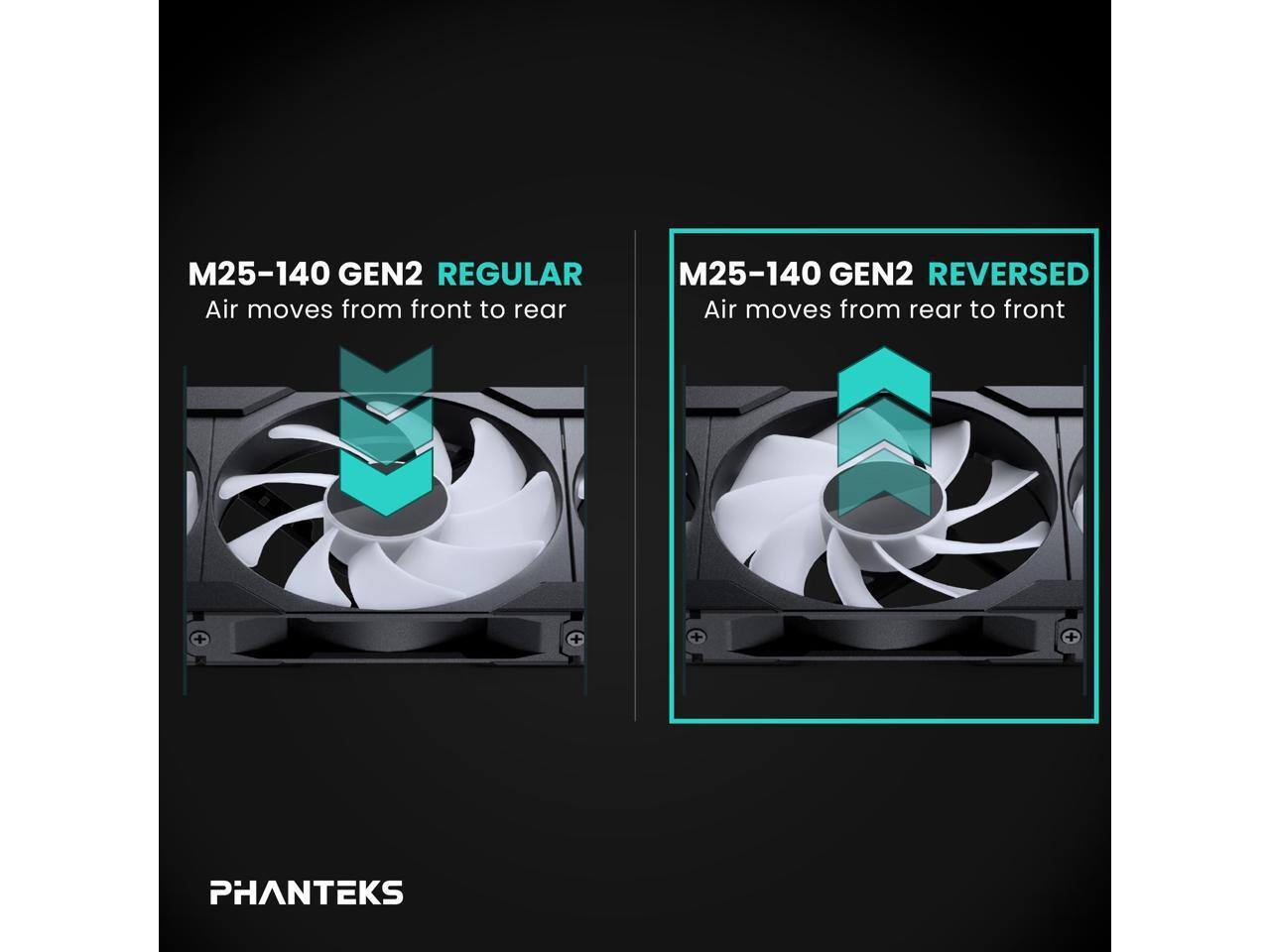 M25-140 GEN2 REGULAR  
Air moves from front to rear  

M25-140 GEN2 REVERSED  
Air moves from rear to front  

PHANTEKS