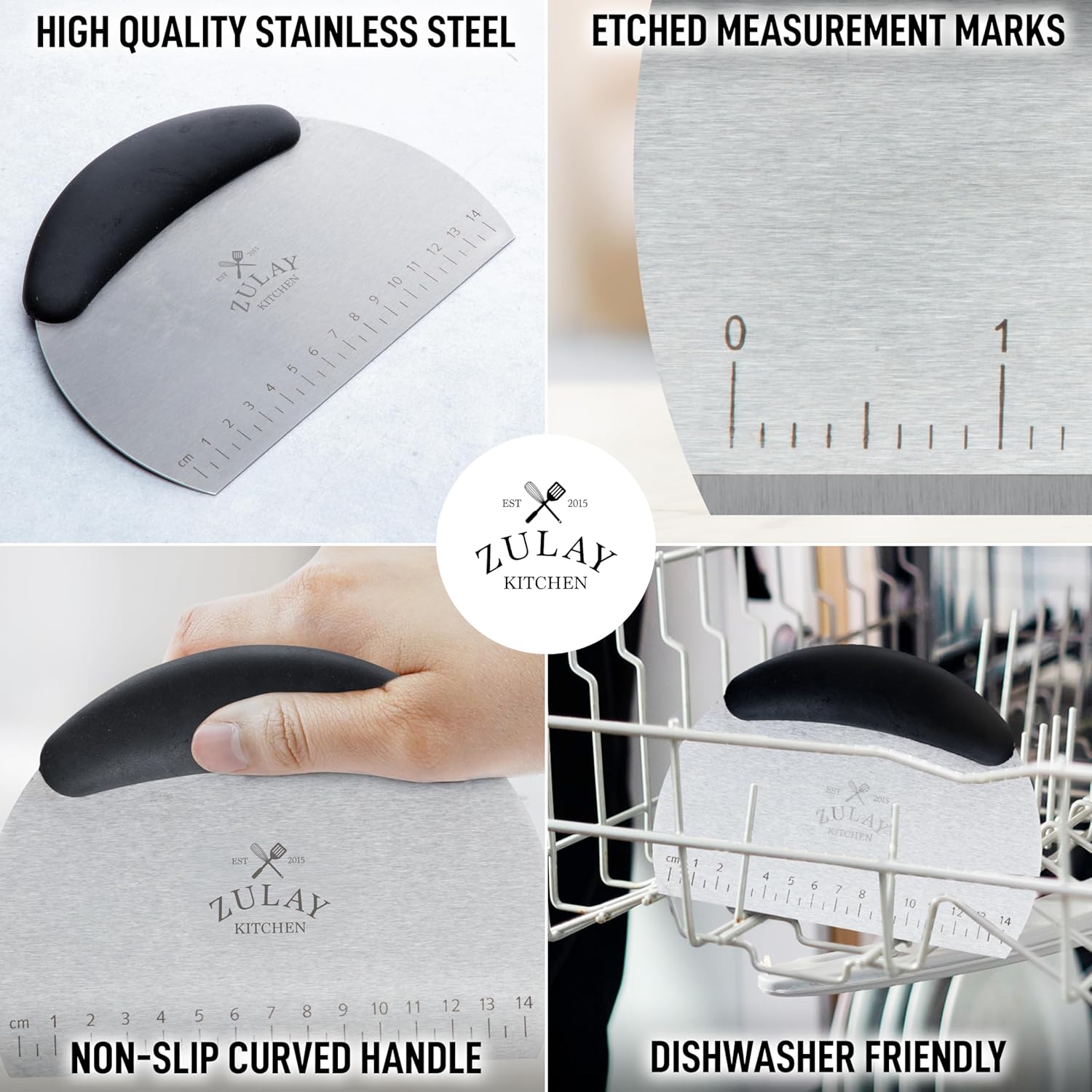 HIGH QUALITY STAINLESS STEEL

ETCHED MEASUREMENT MARKS

NON-SLIP CURVED HANDLE

DISHWASHER FRIENDLY