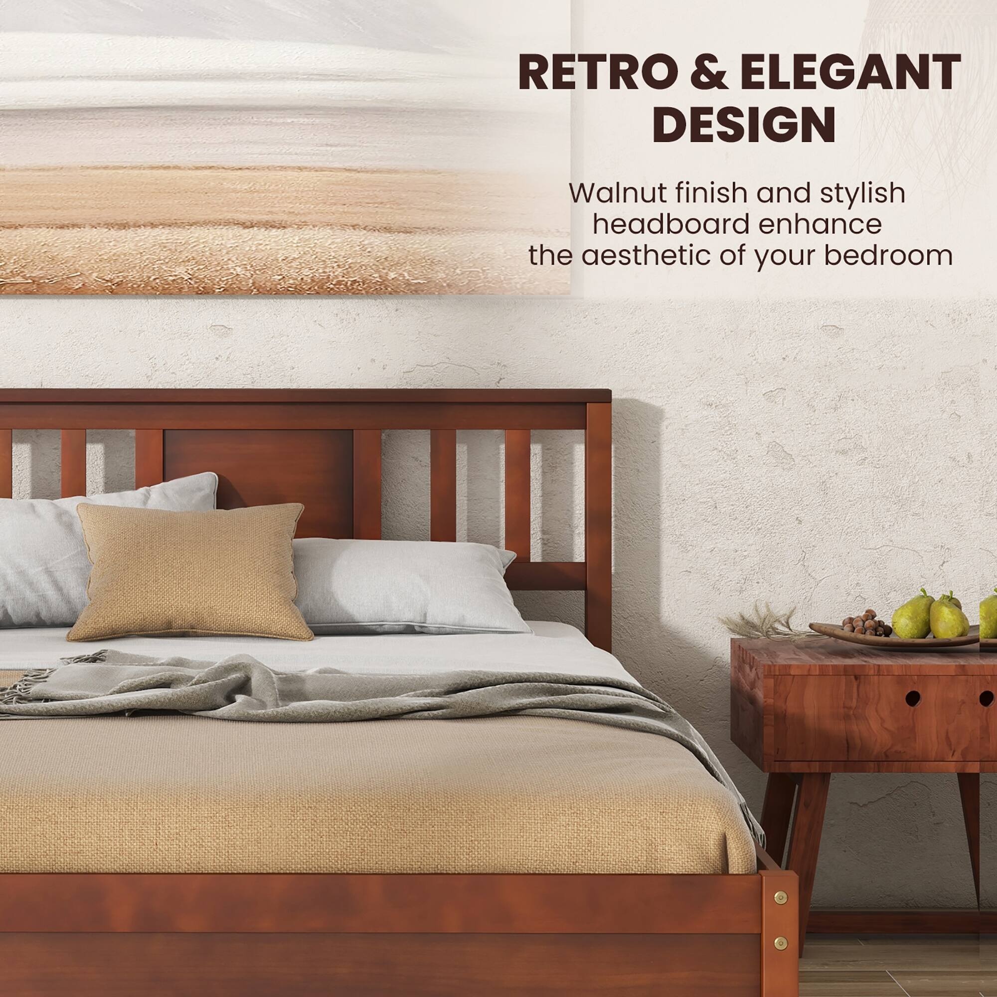 Retro & Elegant Design: Walnut finish and stylish headboard enhance the aesthetic of your bedroom.