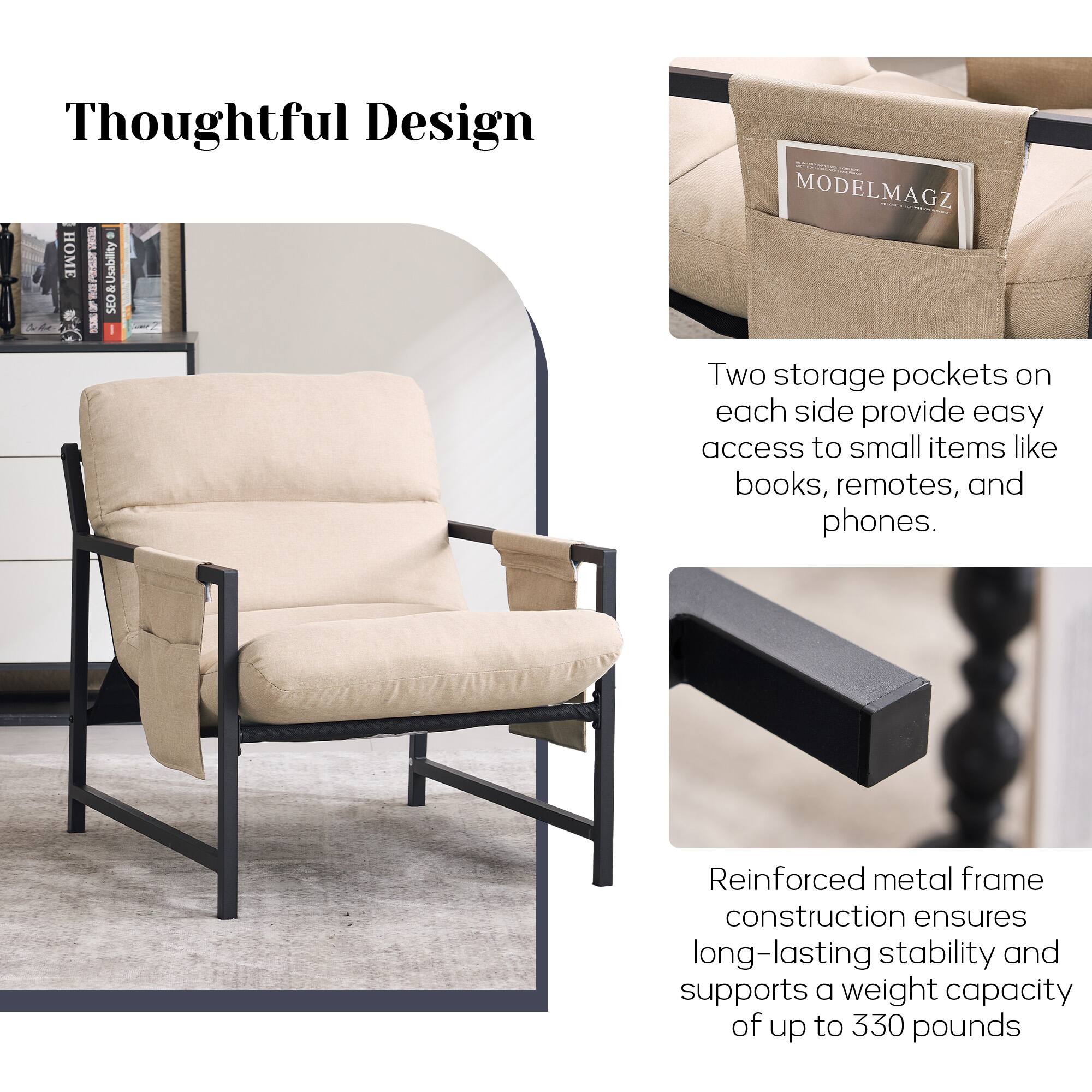 Thoughtful Design

Two storage pockets on each side provide easy access to small items like books, remotes, and phones.

Reinforced metal frame construction ensures long-lasting stability and supports a weight capacity of up to 330 pounds.