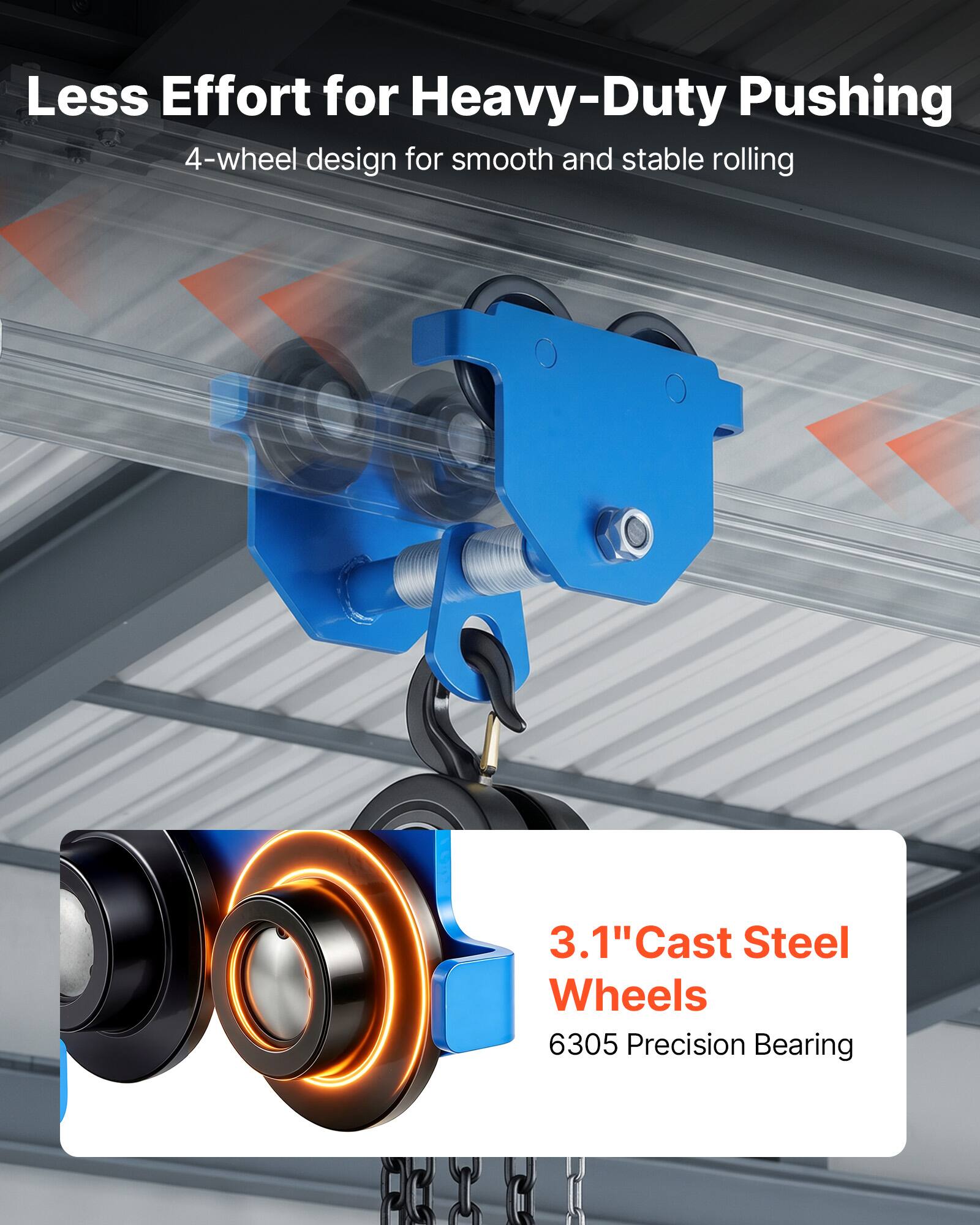 Less Effort for Heavy-Duty Pushing  
4-wheel design for smooth and stable rolling  
3.1" Cast Steel Wheels  
6305 Precision Bearing