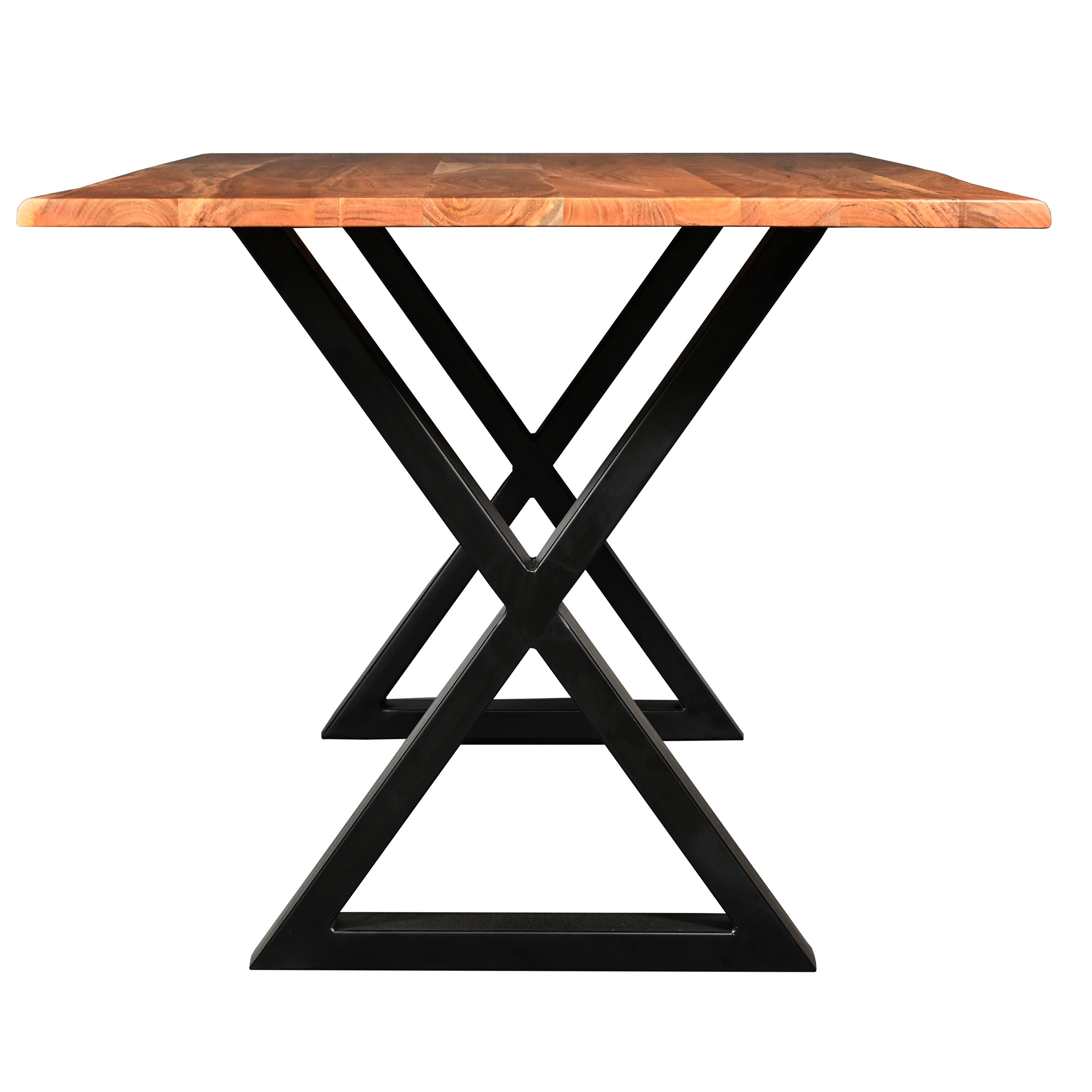 Alt View 2. Manhattan Lane - 67 Inch Rectangular Dining Table with Crossed Black Metal Legs and Natural Brown Faux Live Edge Acacia Wood Top - Brown and Black.