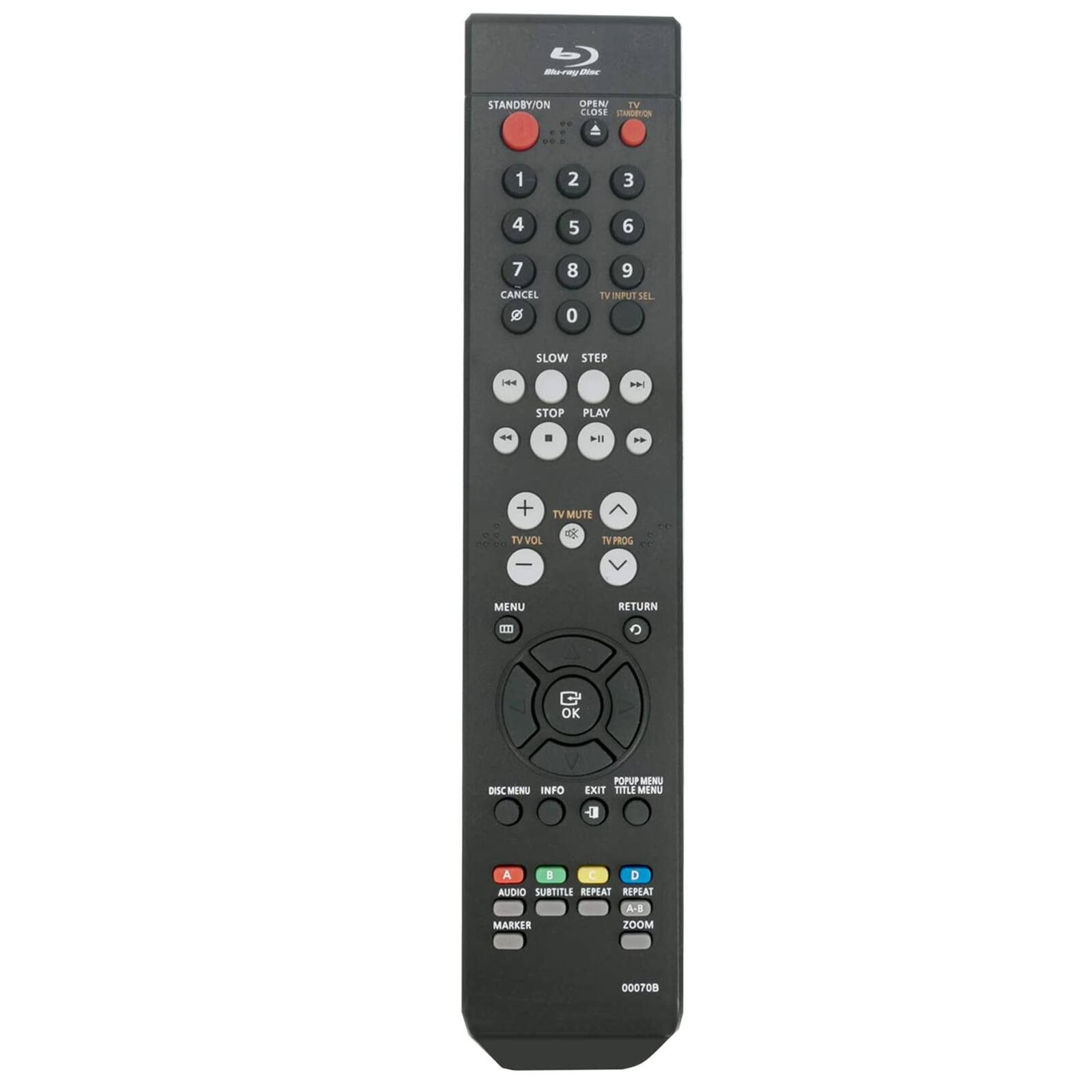 Blu-ray Disc

STANDBY/ON OPEN/ TV CLOSE STANDBY

1 2 3 4 5 6 7 8 9 CANCEL 0 TV INPUT SEL

SLOW STEP

STOP PLAY

TV MUTE TV VOL TV PROG

MENU RETURN

DISC MENU INFO POPUP MENU EXIT TITLE MENU

A 3 C D AUDIO SUBTITLE REPEAT REPEAT A-B MARKER ZOOM

000708