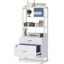 Hivvago - Home Office Lockable 2 Drawer Filing Cabinet Bookshelf Wood Finish - White