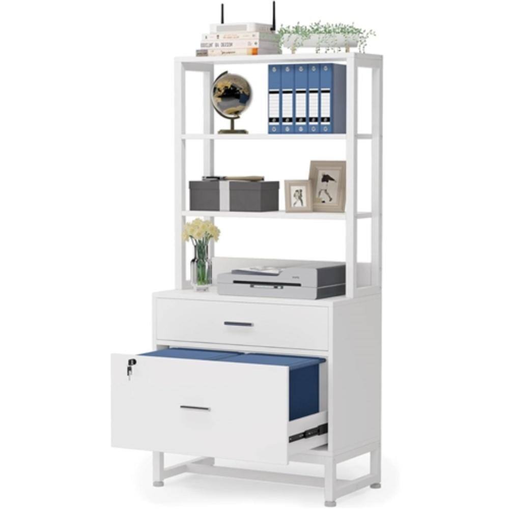 Front. Hivvago - Home Office Lockable 2 Drawer Filing Cabinet Bookshelf in White Wood Finish - White.