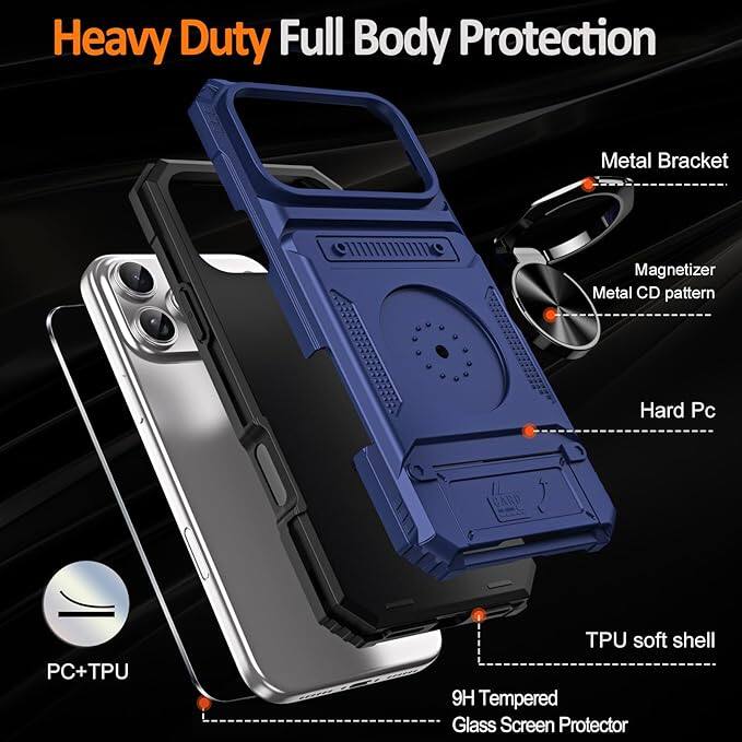 Heavy Duty Full Body Protection

- Metal Bracket
- Magnetizer
- Metal CD pattern
- Hard Pc
- TPU soft shell
- 9H Tempered Glass Screen Protector
- PC+TPU