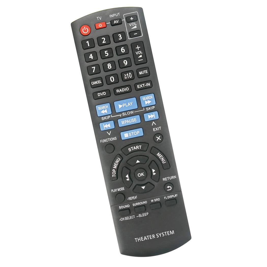 TV INPUT AV + VOL - 3 2 1 6 + 5 VOL 4 9 8 7 MUTE 10 CANCEL 0 EXT-IN RADIO DVD SEARCH SEARCH PLAY SKIP SLOW SKIP II PAUSE K EXIT V STOP FUNCTIONS x START MENU MENU TOP OK RETURN PLAY MODE -REPEAT DISPLAY W SRO SURROUND SOUND SELECT -SLEEP -CH SYSTEM THEATER