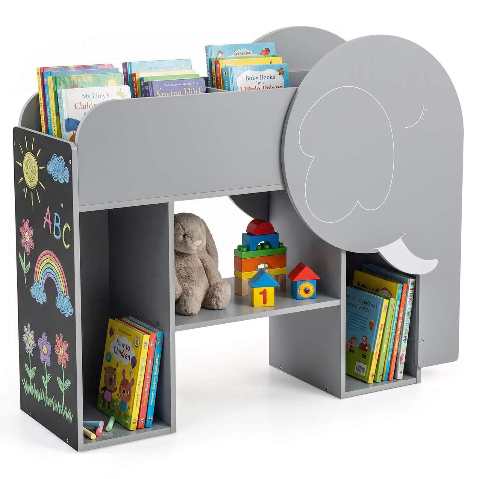 Costway - Montessori Bookshelf with Elephant Shape, Chalkboard, 5 Cubbies, 3-Row Abacus Toy - Gray
