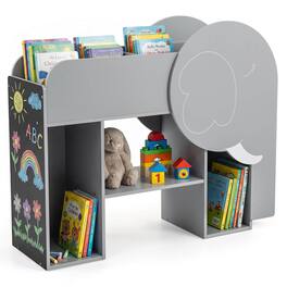 Costway - Montessori Bookshelf with Elephant Shape, Chalkboard, 5 Cubbies, 3-Row Abacus Toy - Gray