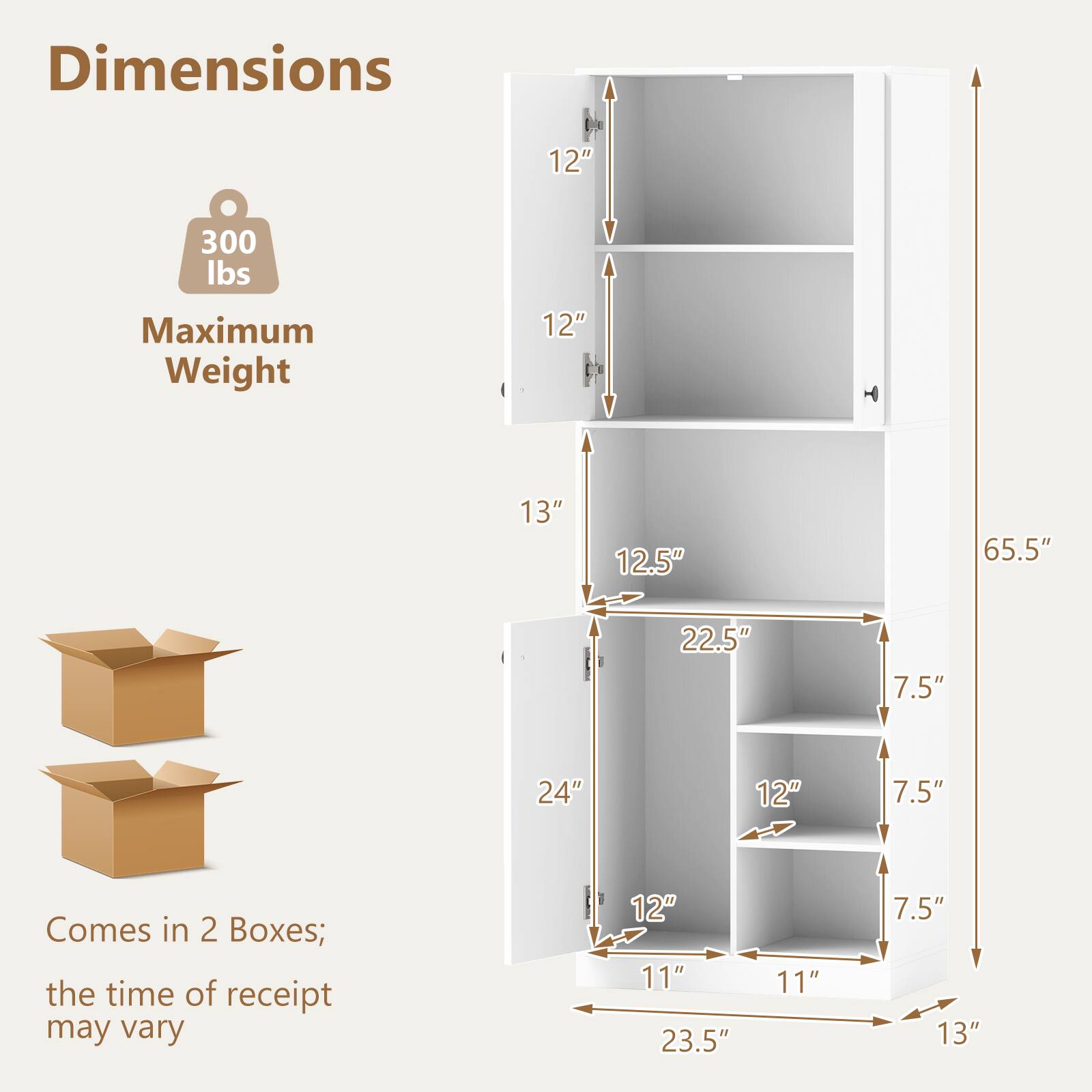 Dimensions: 12" x 300 lbs Maximum Weight; 12" x 13" x 12.5" x 65.5" x 22.5" x 7.5" x 24" x 12" x 7.5"
Comes in 2 Boxes; the time of receipt may vary.