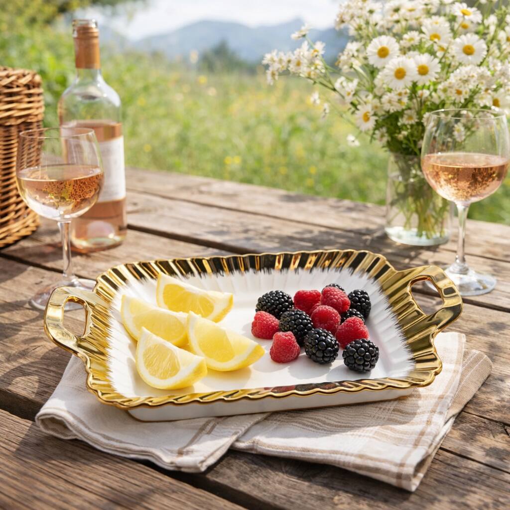 Left. Jiallo - 10" Ceramic Platter plus Handle wtih Gold Edge - White.