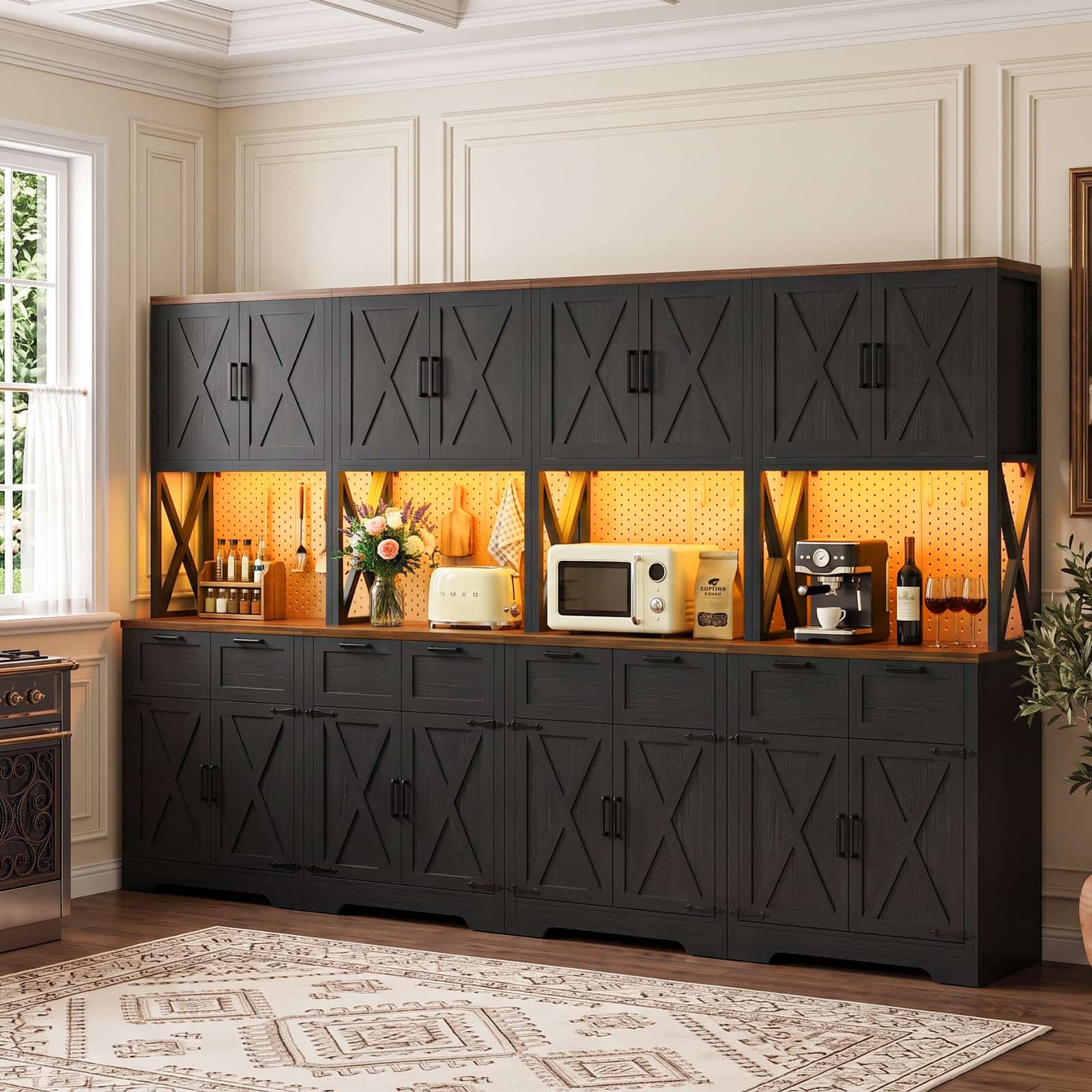 Aheaplus - 10.5FT Wide Pantry Cabinet, 71" Tall Farmhouse Cupboard with Drawers, Power Strips, LED Lights & Hooks, 4 Packs - Black & Walnut