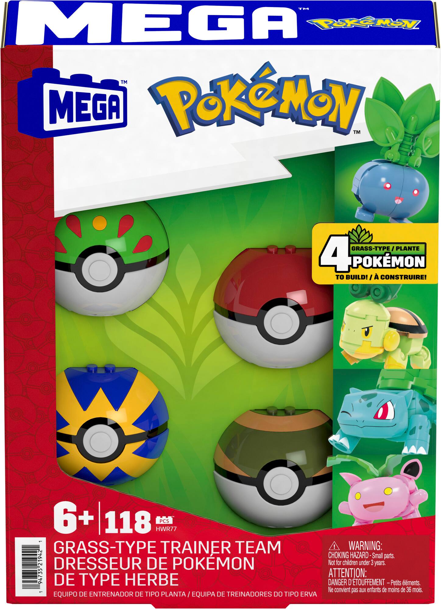 Mega Pokemon TM Mega Pokemon. TM Grass-Type/Plante 4 Pokmon to build! 6+ 118 HWR77 PCS e Grass-Type Trainer Team! Warning: 21942 Choking Hazard-Small parts. Dressurier de Pokemon Not for children under 2 years. 94735 Attention: De type herbe Danger d'etouffement Petits elements Ne convient pas aux enfants de moins de 36 mois. Equipe de Entrenador de Tipo Plante/Equipa de Treinadores do Tipo Erva