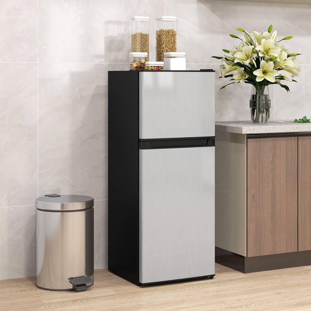 Angle. Loheer - Loheer 4 Cu Ft Compact Refrigerator with Freezer, Reversible Door Small Fridge for Dorm Room & Bedroom, Silver - Silver.