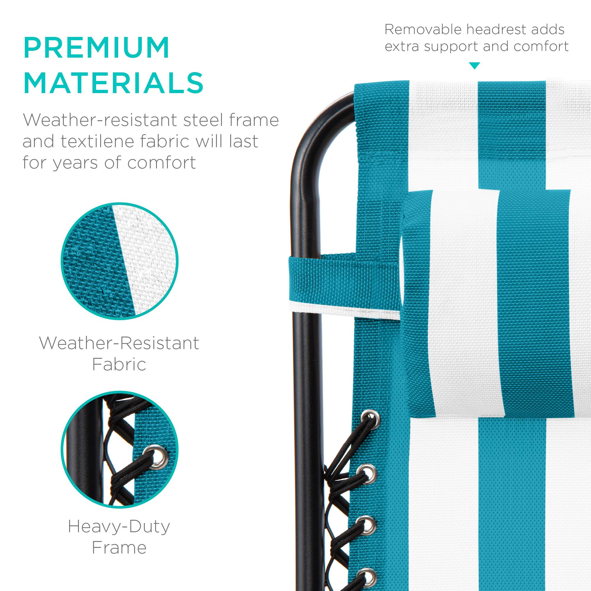 **PREMIUM MATERIALS**

- Weather-resistant steel frame and textilene fabric will last for years of comfort
- Removable headrest adds extra support and comfort

**Weather-Resistant Fabric**

**Heavy-Duty Frame**