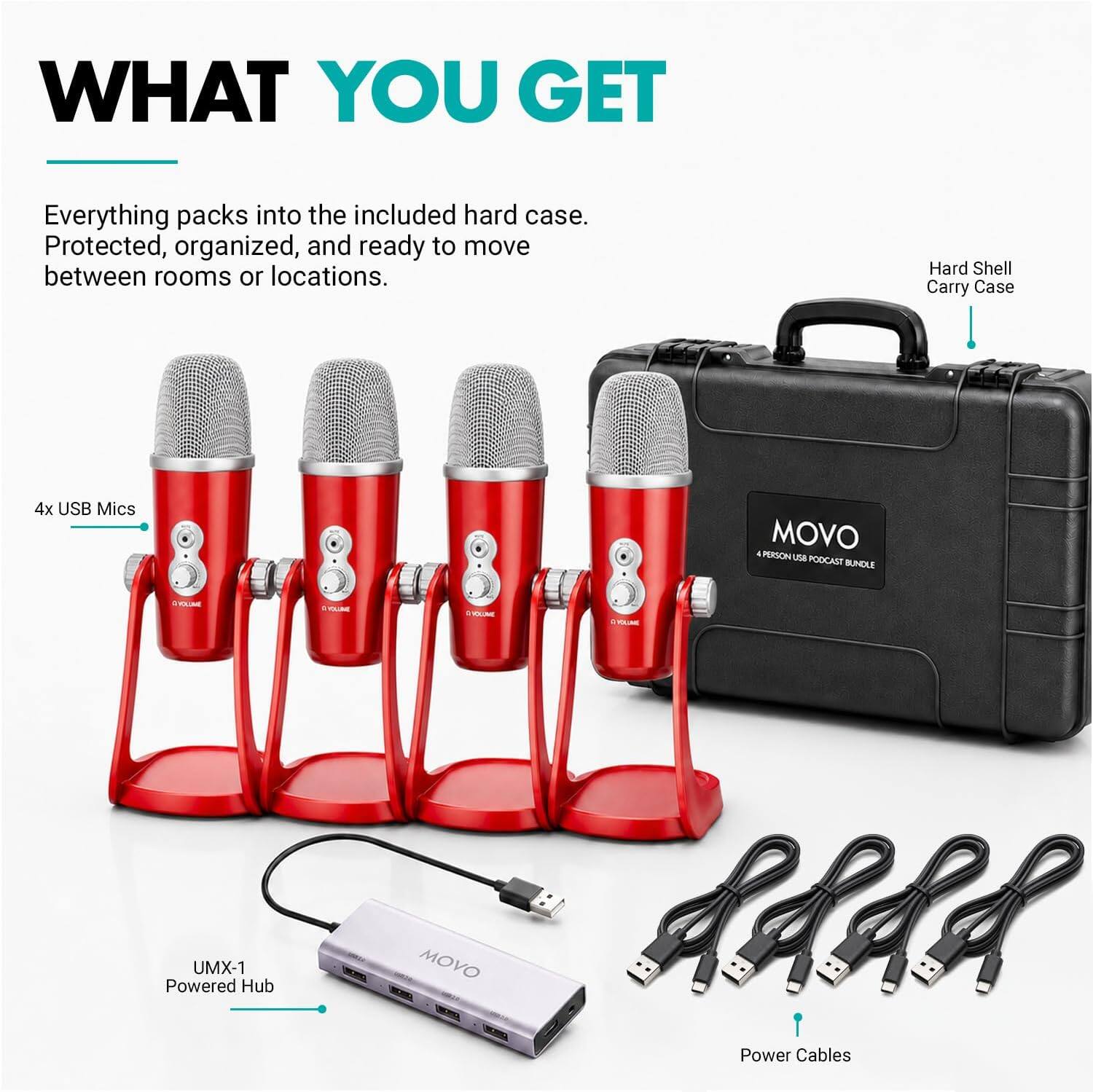 WHAT YOU GET

Everything packs into the included hard case. Protected, organized, and ready to move between rooms or locations.

- Hard Shell Carry Case
- 4x USB Mics
- MOVO UMX-1 Powered Hub
- Power Cables