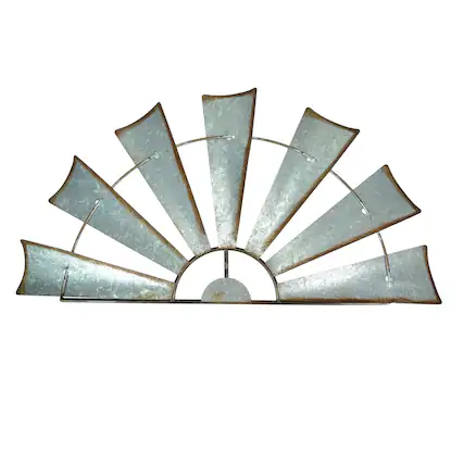 Front. Zeckos - Distressed Rustic Galvanized Metal Half Moon Windmill Wall Art Sculpture - Silver.