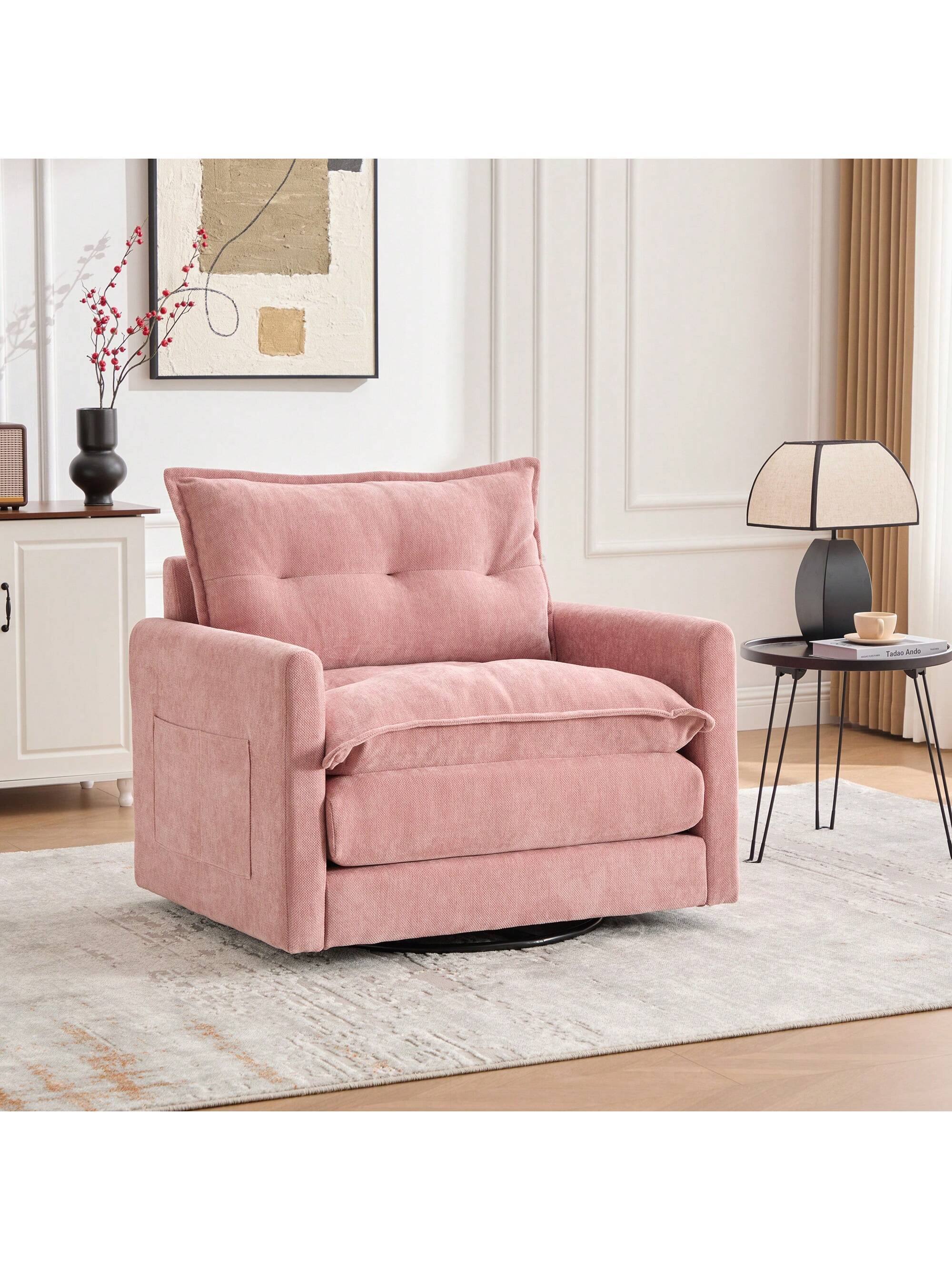 Trinkets Crazed - Swivel Barrel Chair, Mid Century Modern Chair, Thick Padded Arm Chair with Solid Metal Base - Pink