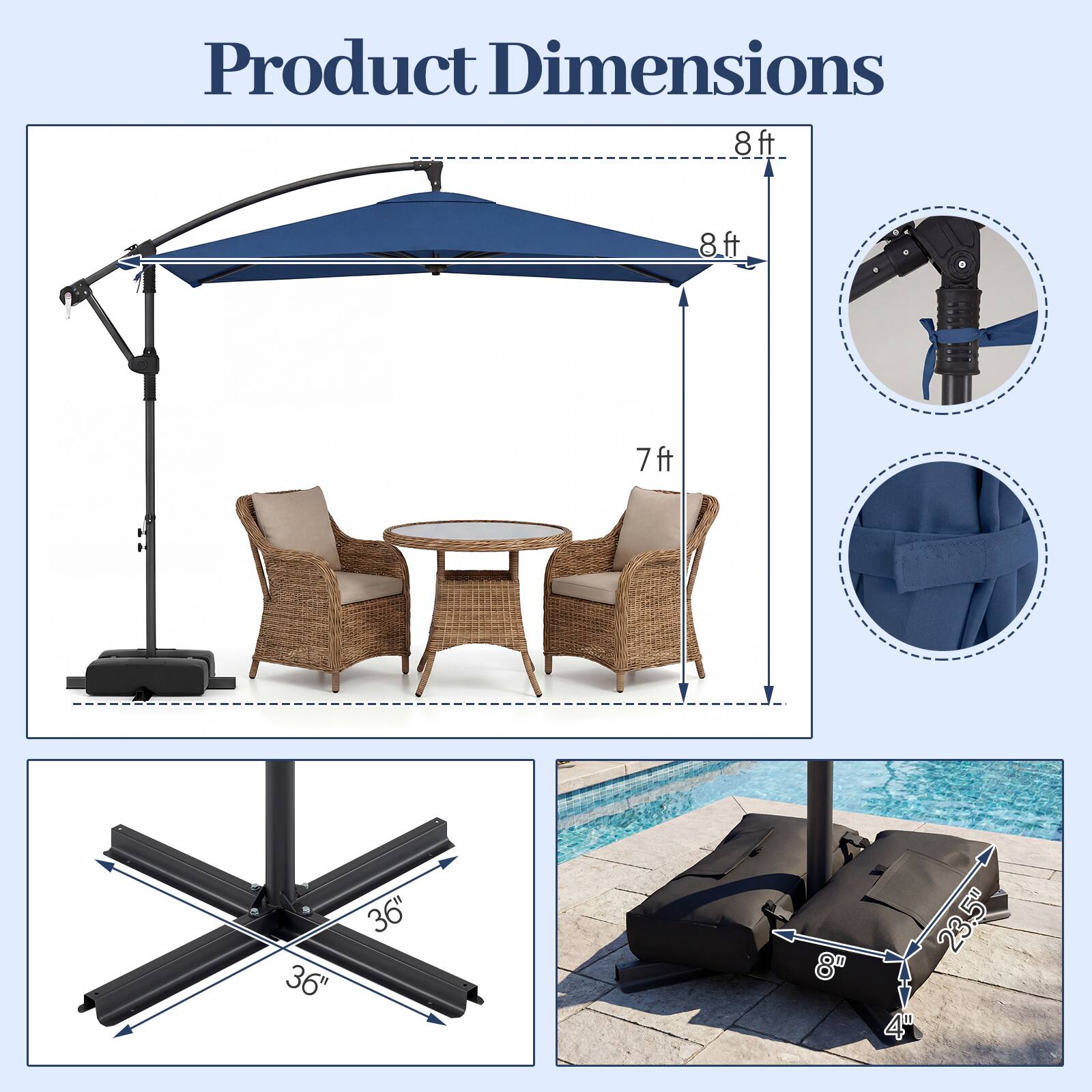 Product Dimensions: 8 ft x 8 ft, 7 ft, 36" x 36", 8" x 23.5" x 4"