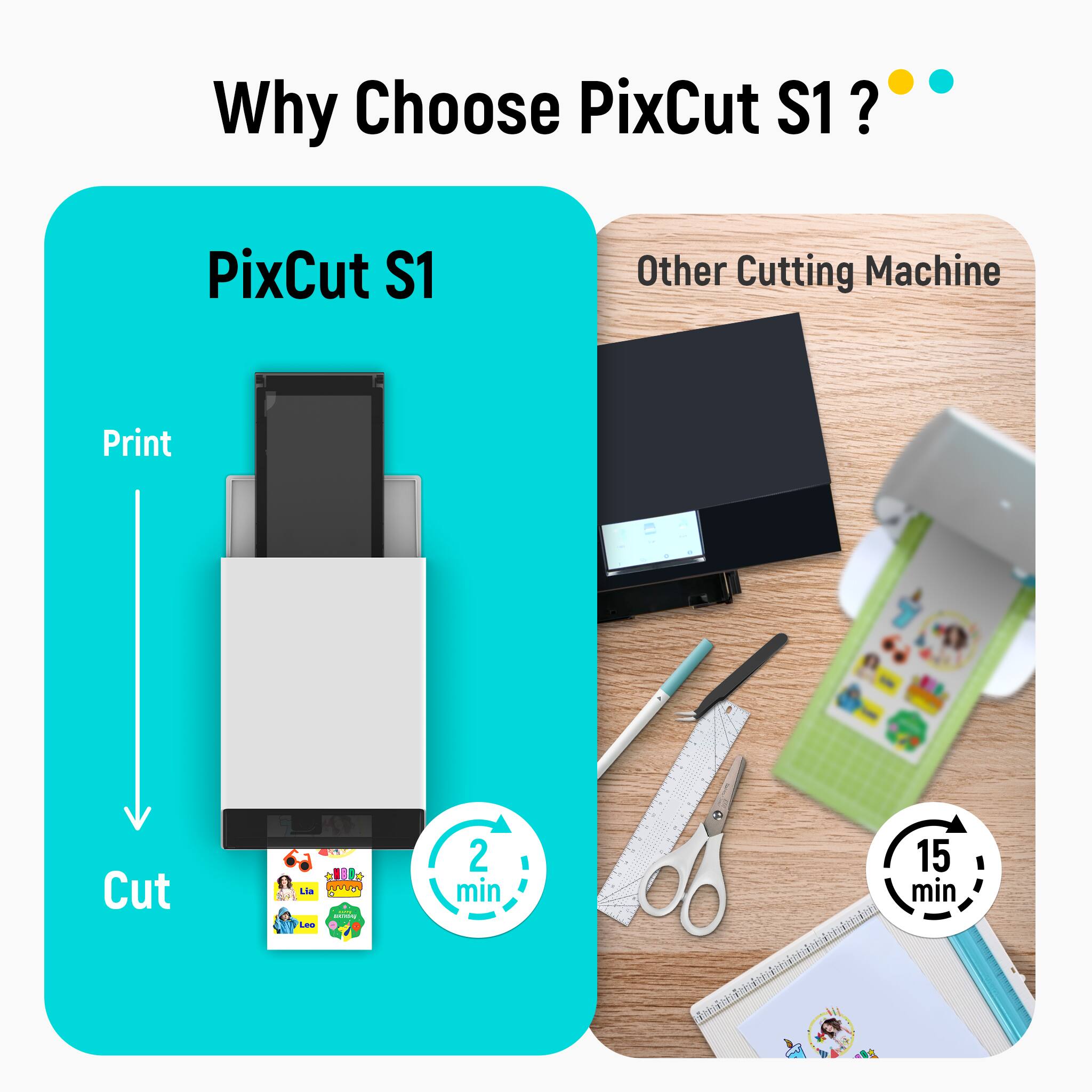 Why Choose PixCut S1?  
PixCut S1  
Other Cutting Machine  
Print Cut  
- 8- Lia A - - 2 min  
Nd ttiretar nedac P 15 min