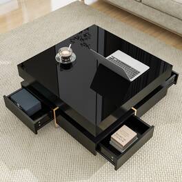 GOODSILO - Modern High Gloss Square Coffee Table with Four Drawers and Wood Grain Legs for Living Room - Black
