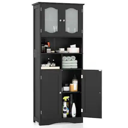 Front. Ecooso - 58.5 Inch Freestanding Bathroom Storage Cabinet with Frost Glass Doors and Shelves - Black.