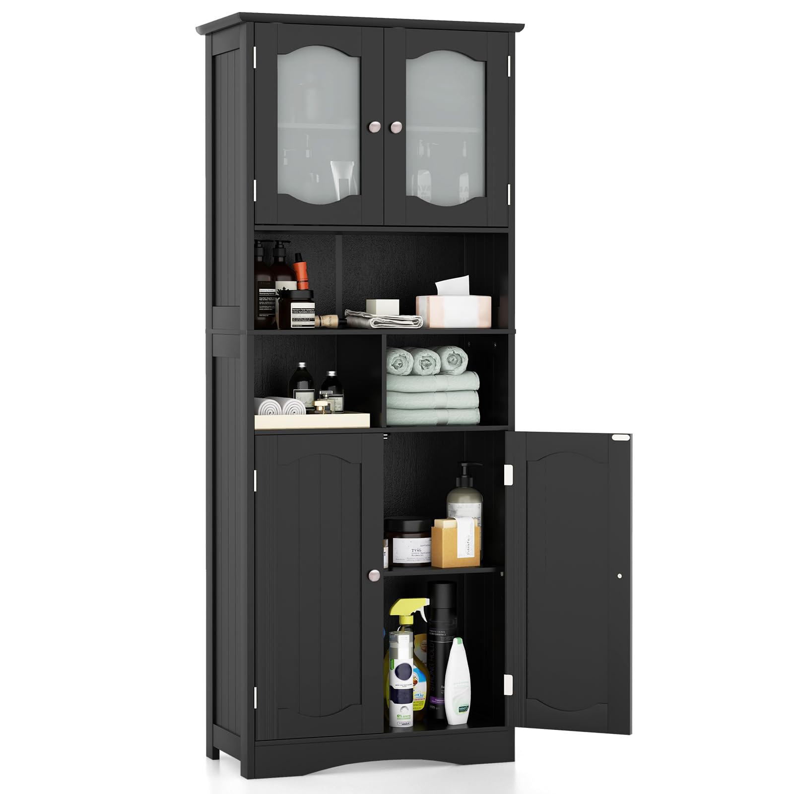 Front. Ecooso - 58.5 Inch Freestanding Bathroom Storage Cabinet with Frost Glass Doors and Shelves - Black.