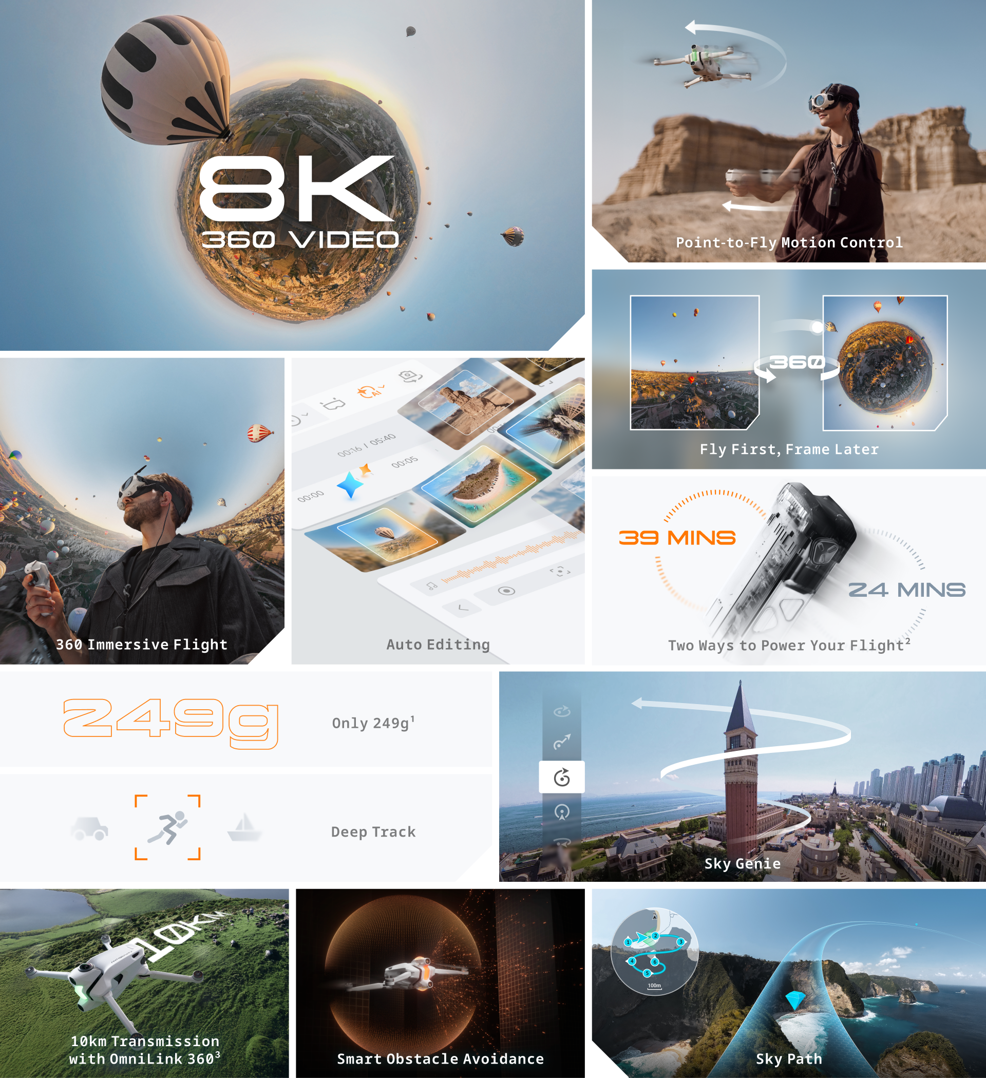 8K 360 VIDEO  
Point-to-Fly Motion Control  
360 Immersive Flight  
Auto Editing  
Two Ways to Power Your Flight  
249g Only 249g  
Deep Track  
10km Transmission with OmniLink 360°  
Smart Obstacle Avoidance  
Sky Genie  
Sky Path
