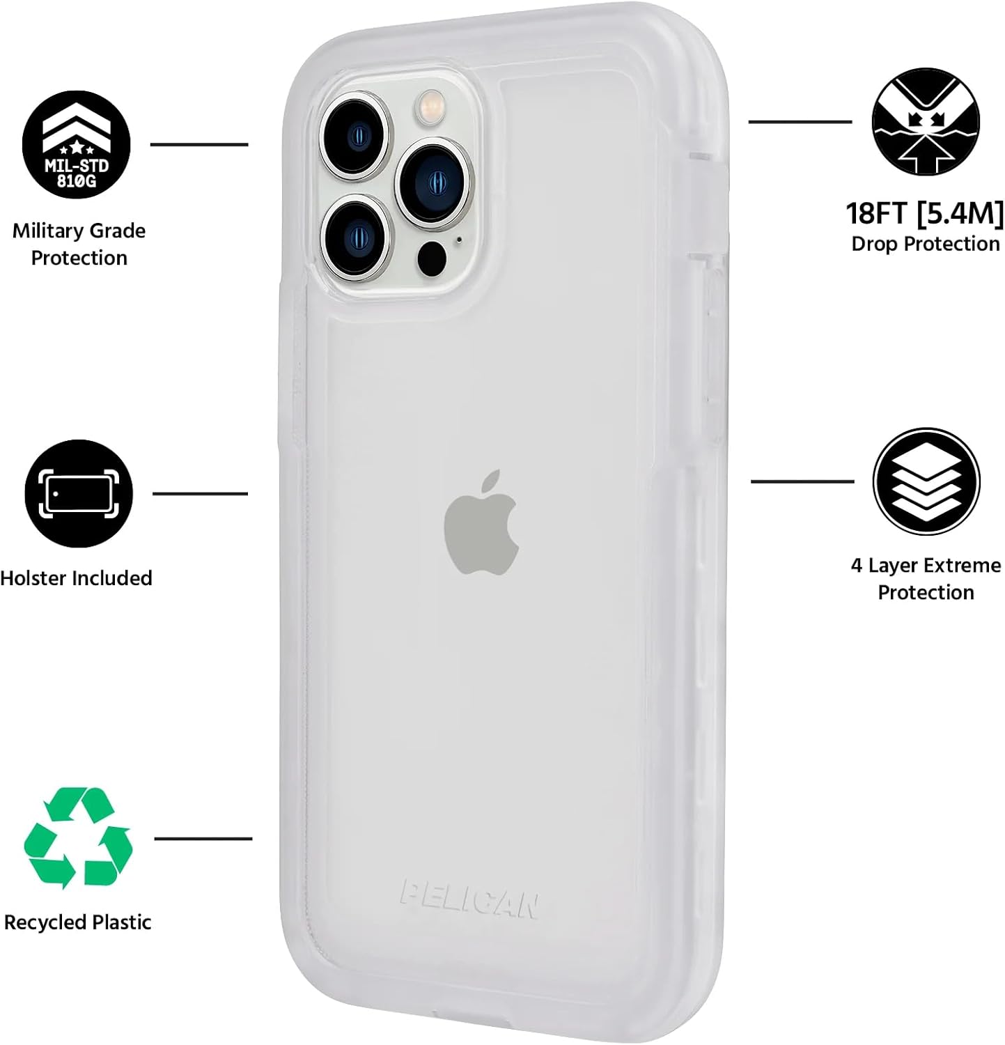 MIL-STD 810G Military Grade Protection  
18FT [5.4M] Drop Protection  
Holster Included  
4 Layer Extreme Protection  
Recycled Plastic